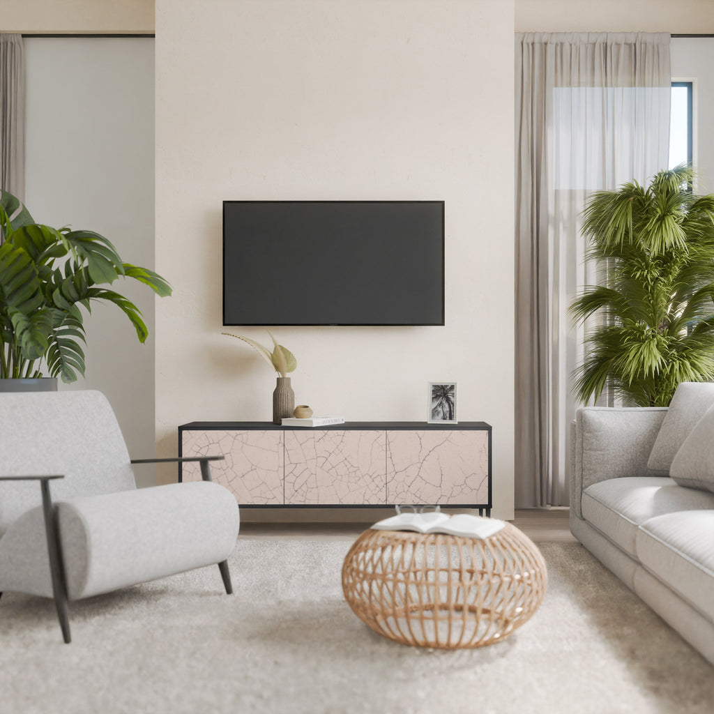 Meuble TV 3 portes en céramique texturée, finition noire