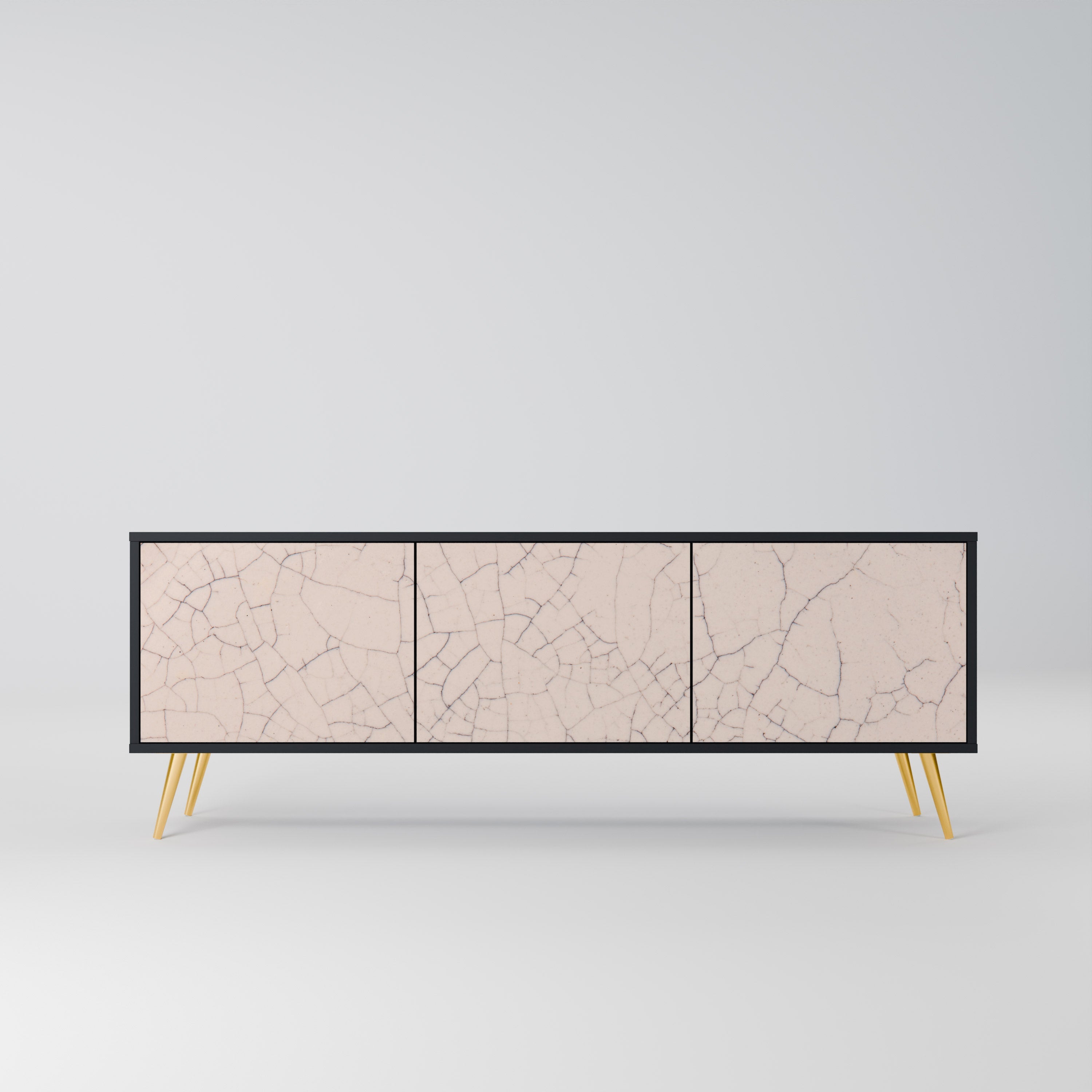 Meuble TV 3 portes en céramique texturée, finition noire