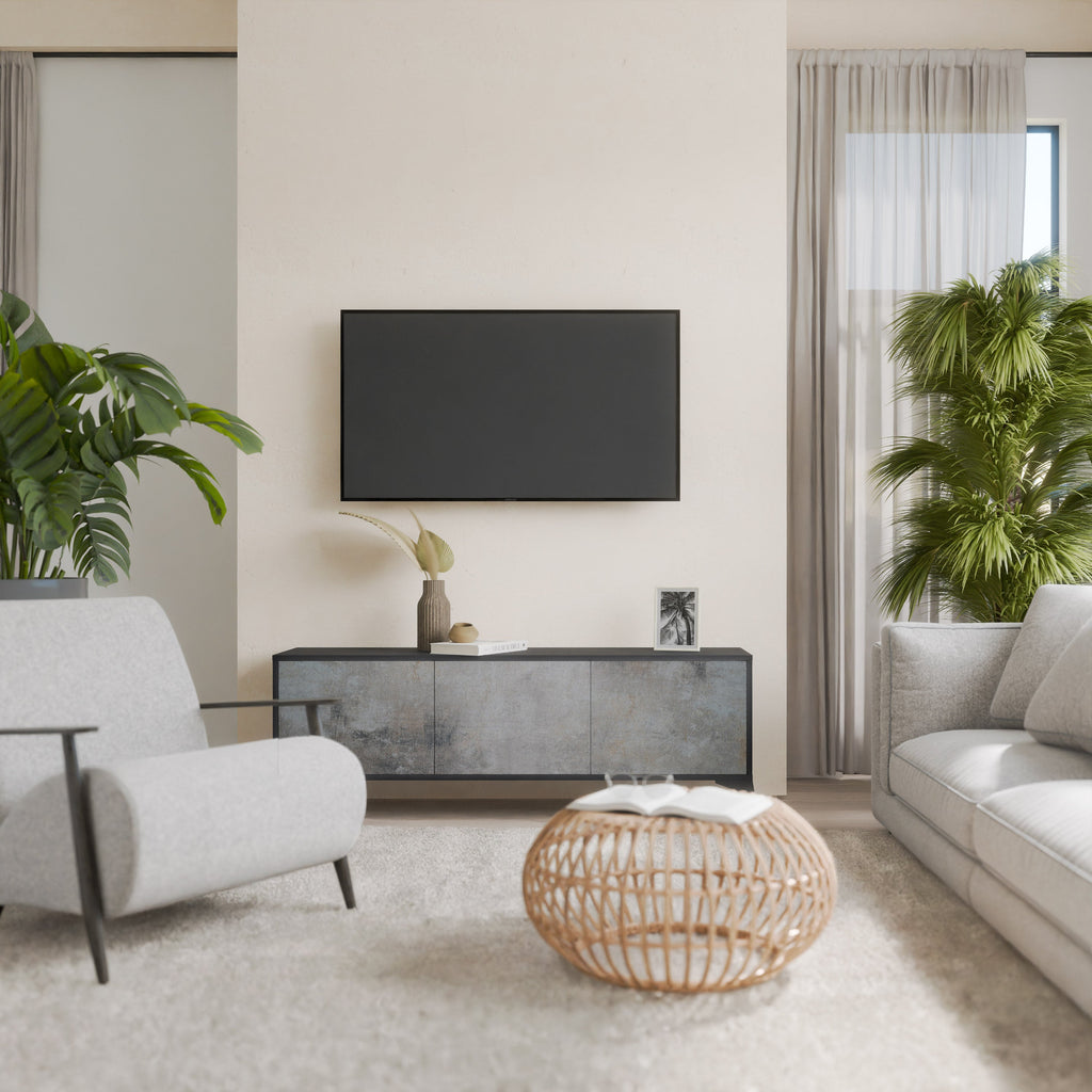 Meuble TV 3 portes en béton avec finition noire