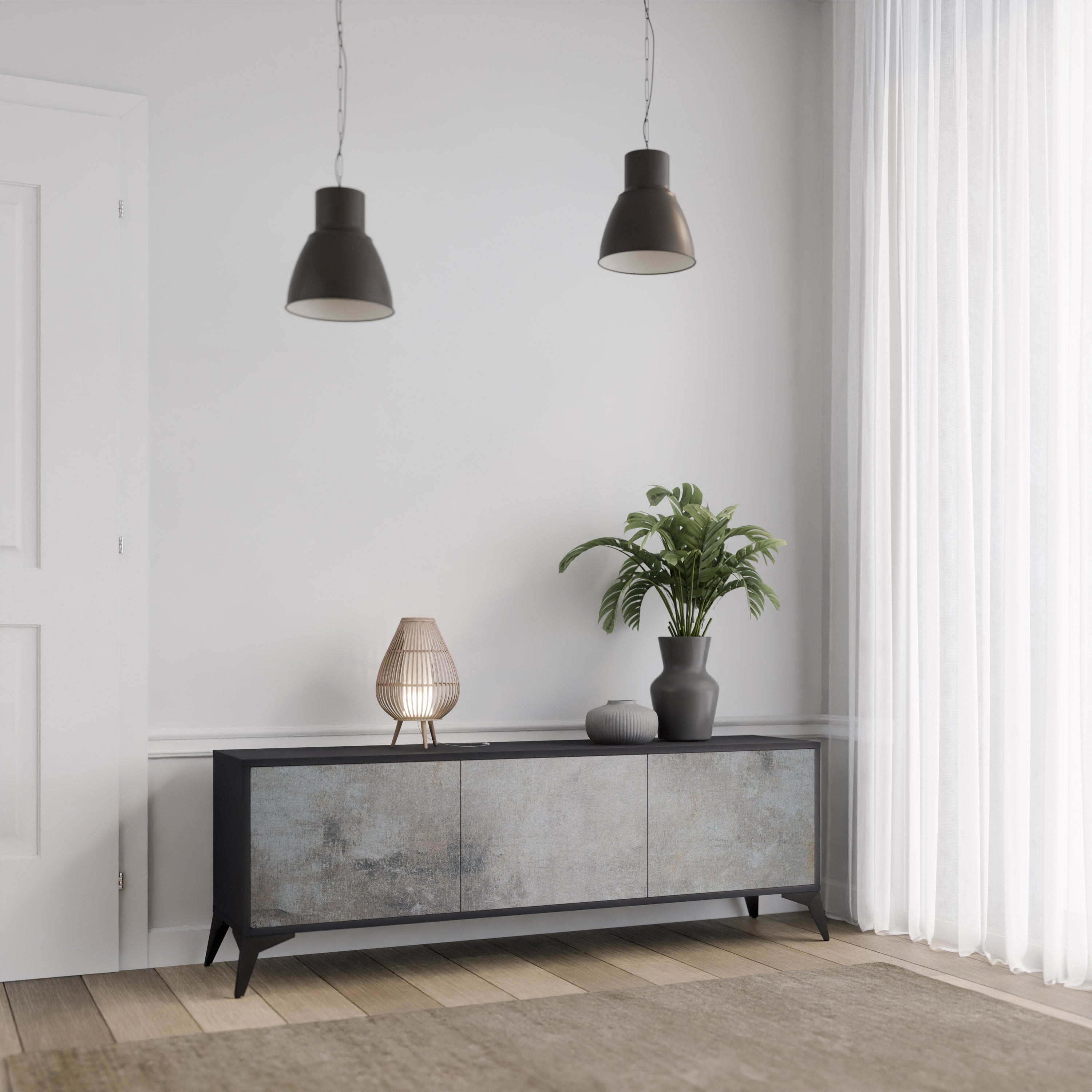 Meuble TV 3 portes en béton avec finition noire