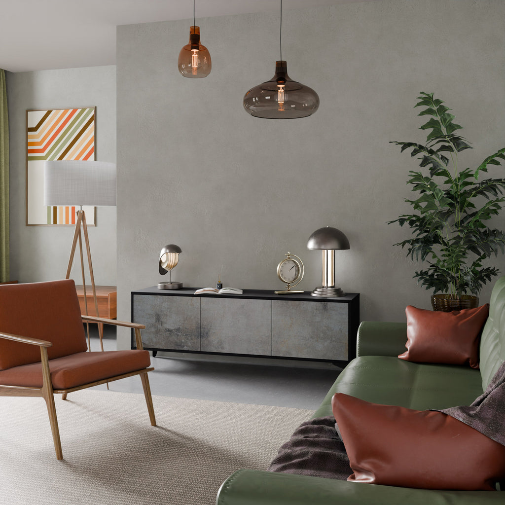 Meuble TV 3 portes en béton avec finition noire