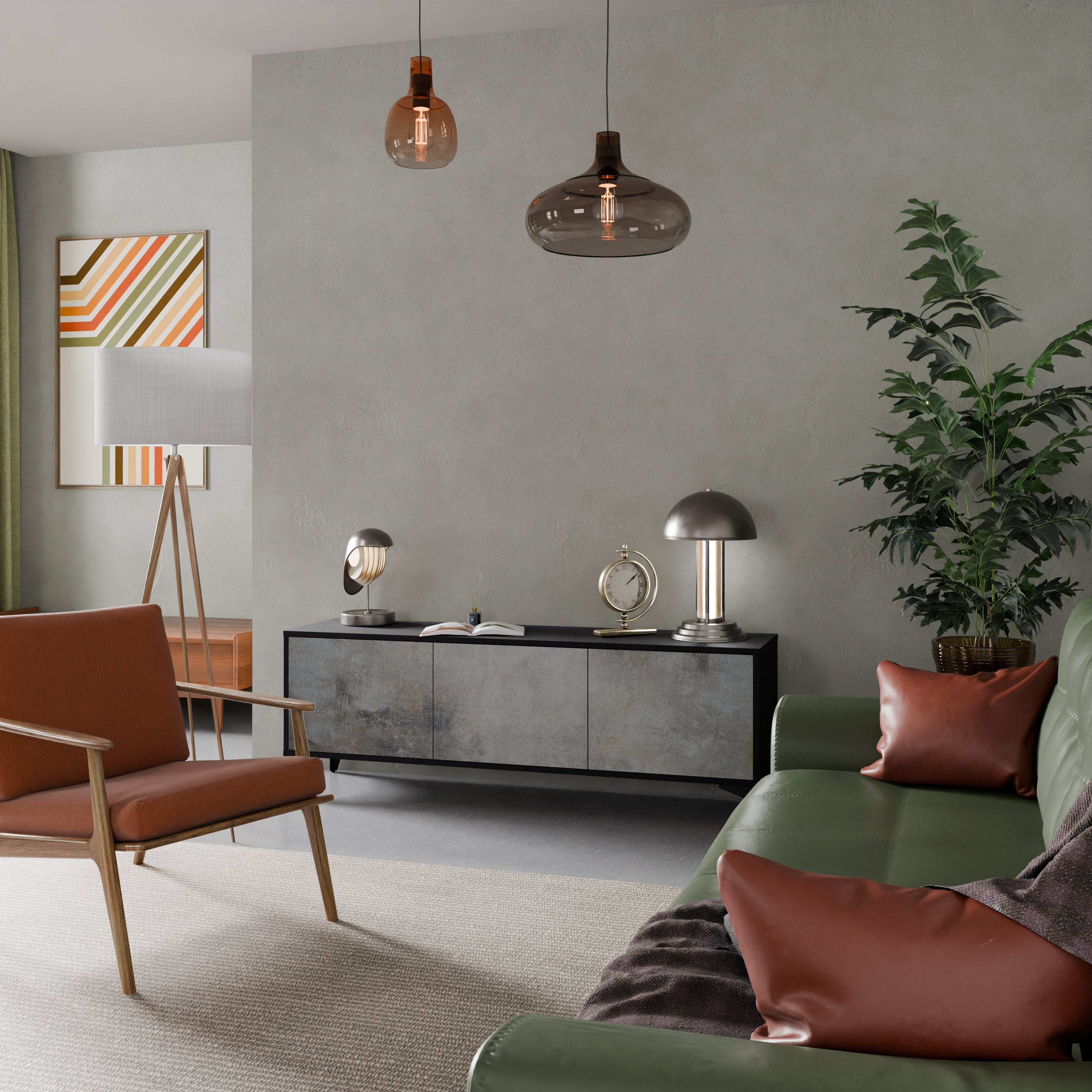 Meuble TV 3 portes en béton avec finition noire