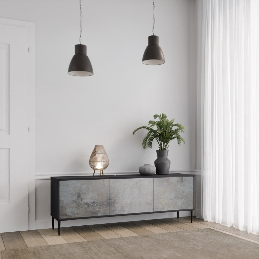 Meuble TV 3 portes en béton avec finition noire