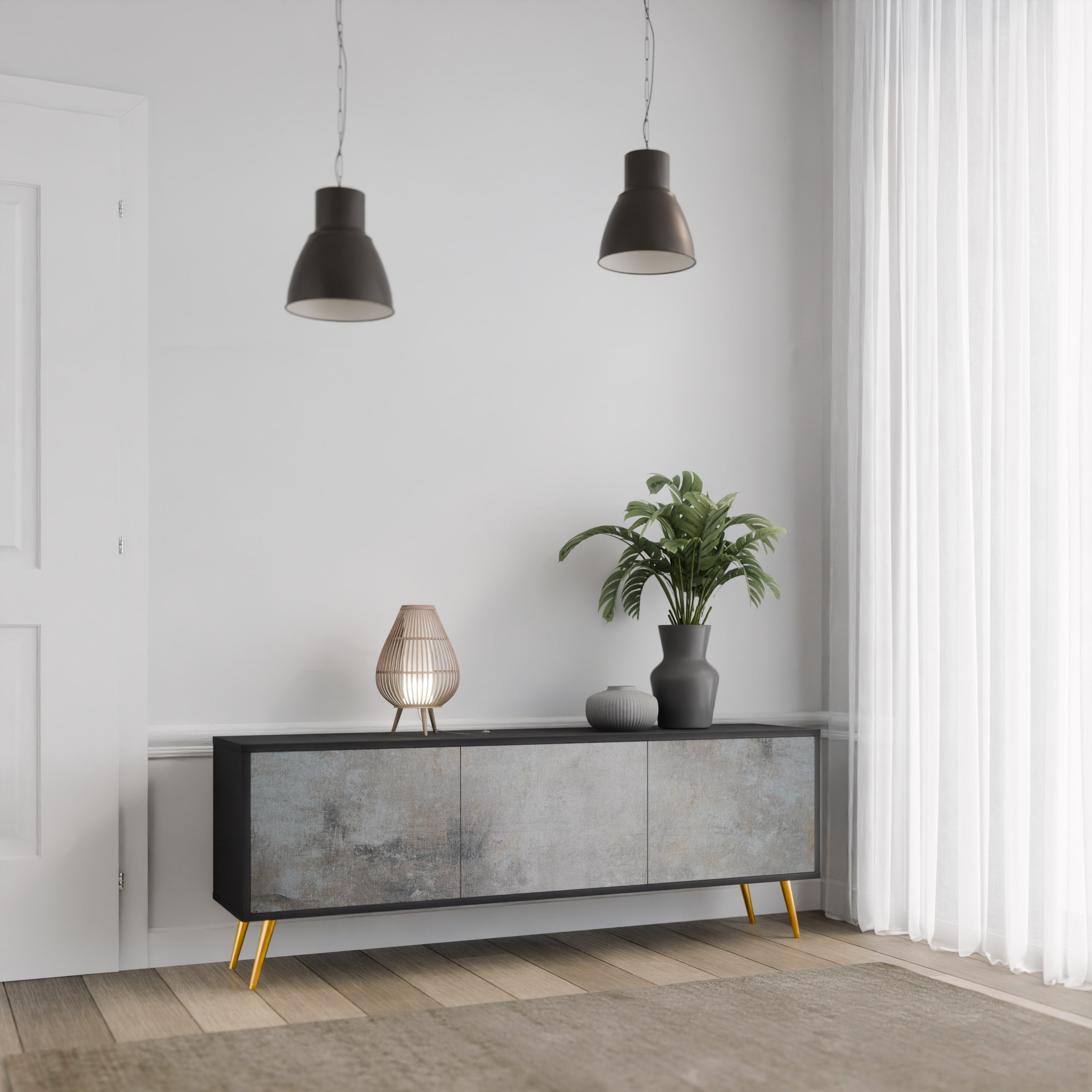 Meuble TV 3 portes en béton avec finition noire