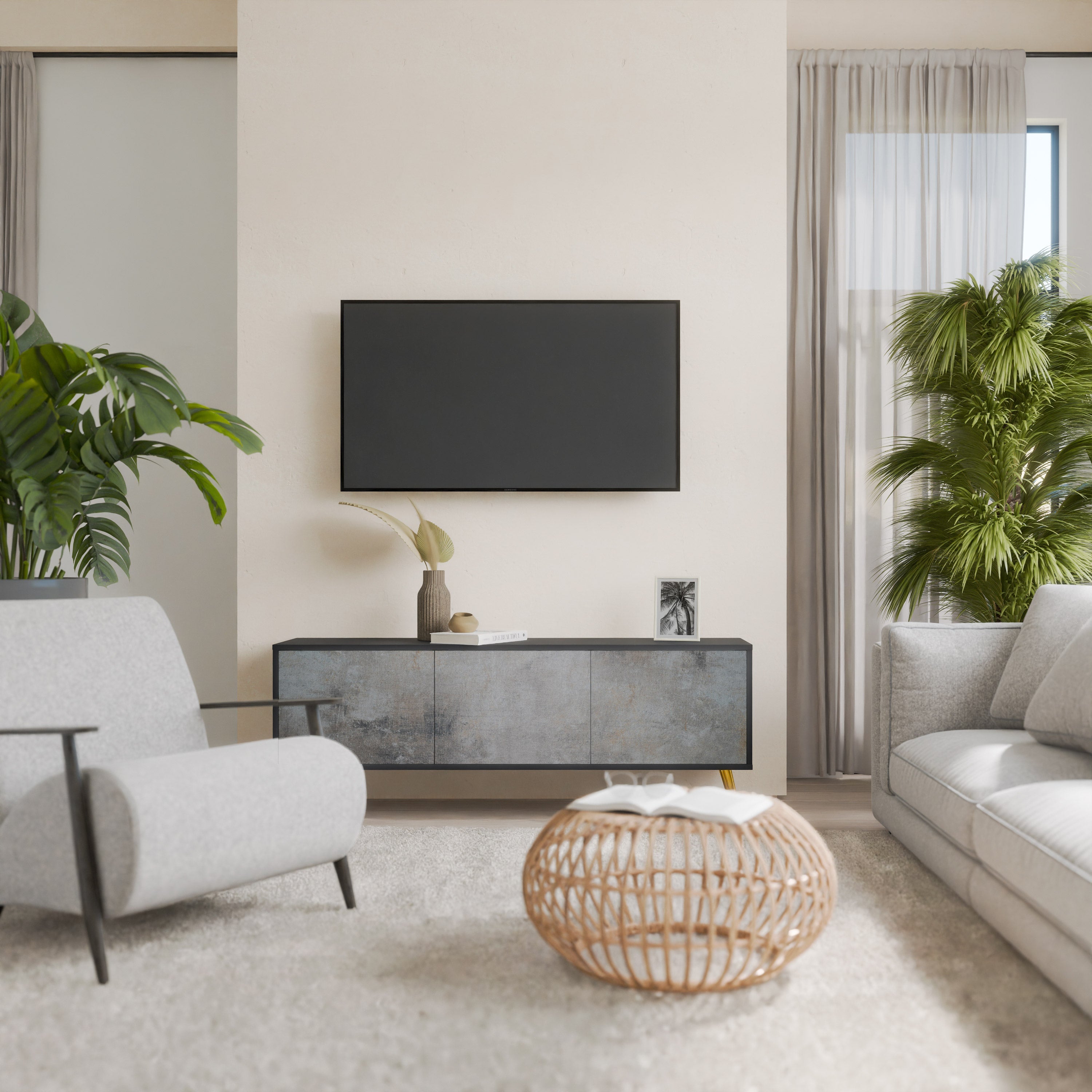 Meuble TV 3 portes en béton avec finition noire