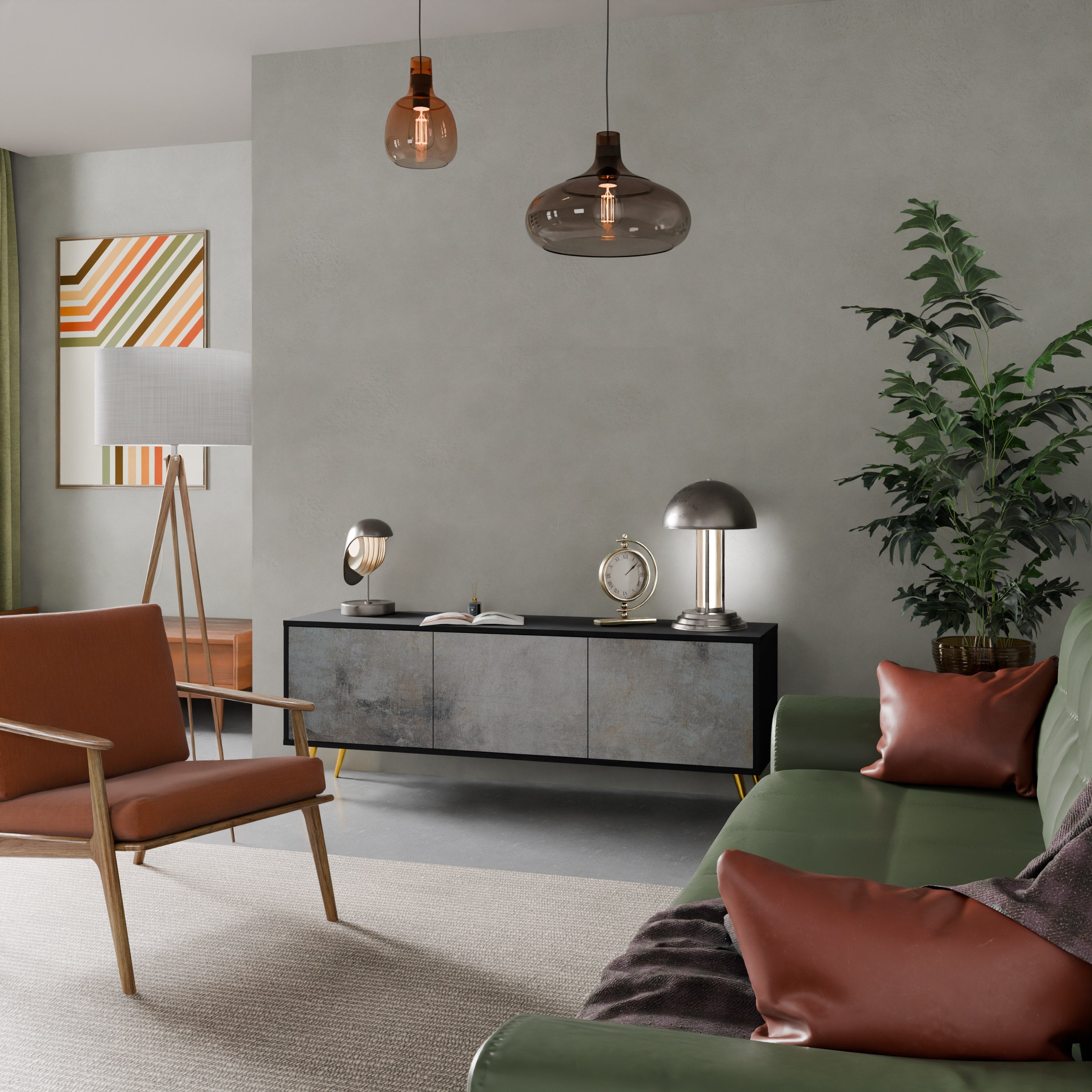 Meuble TV 3 portes en béton avec finition noire