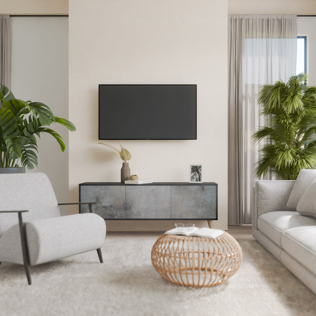 Meuble TV 3 portes en béton avec finition noire