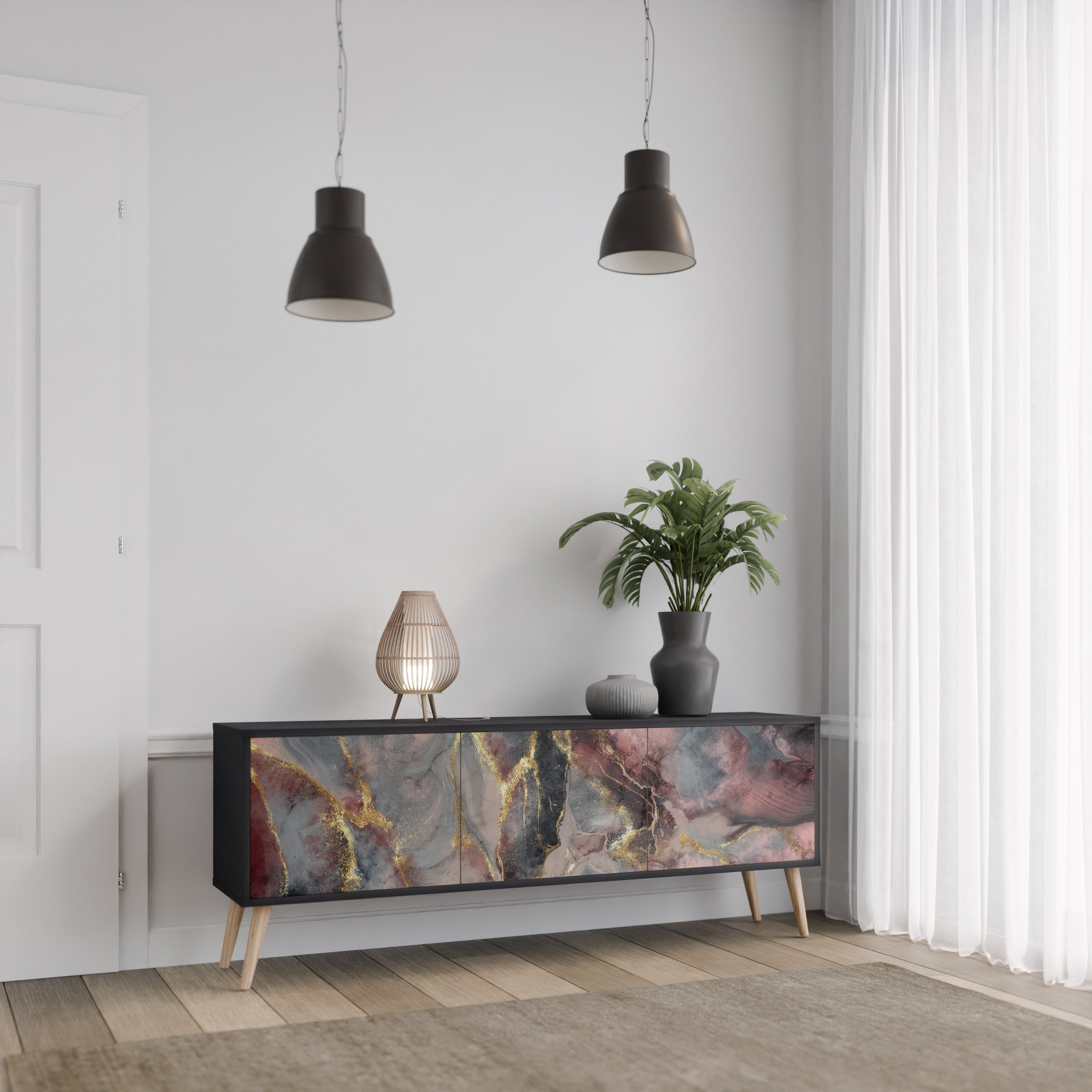 Meuble TV 3 portes GOLDEN TIDES finition noire