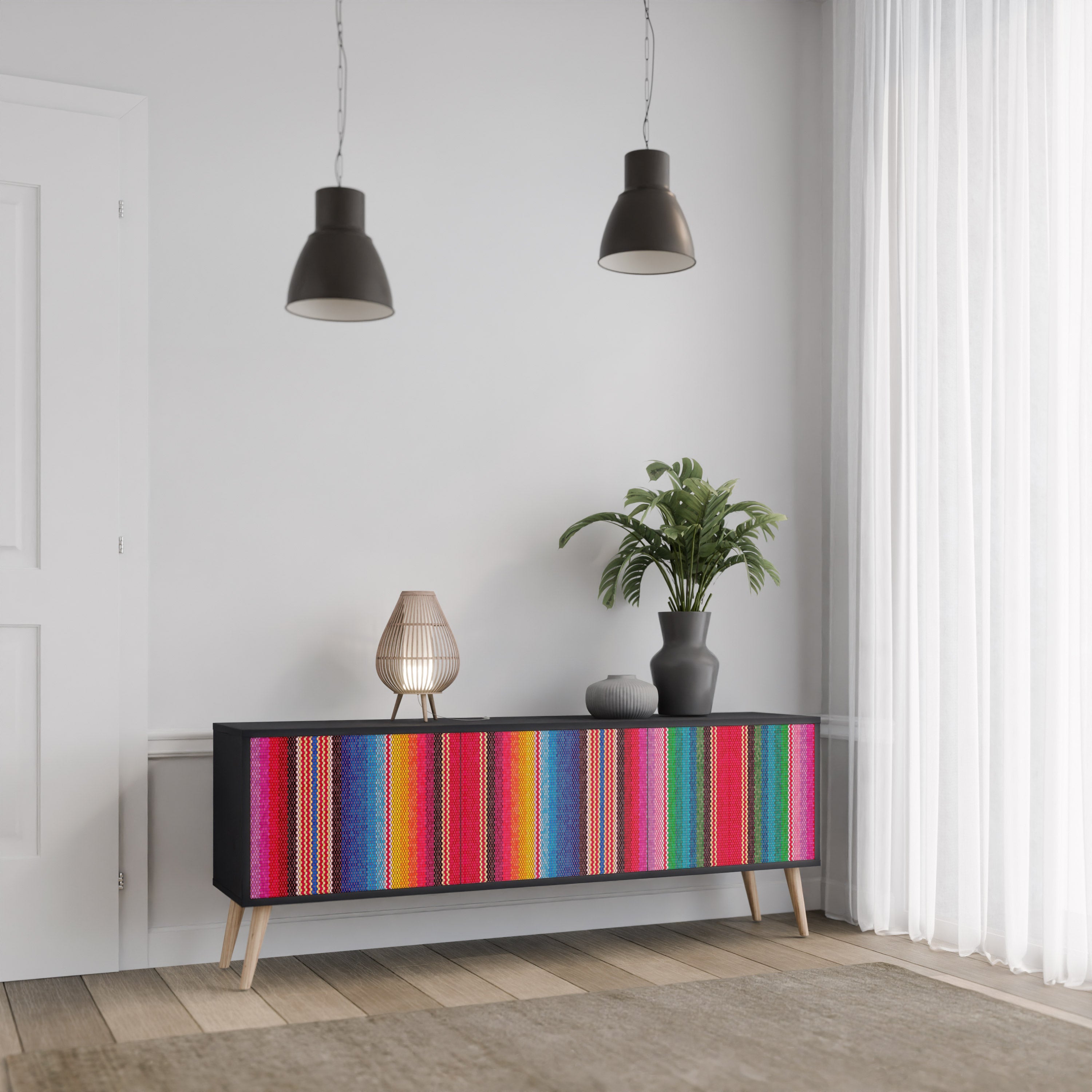 Meuble TV 3 portes ETHNIC MEXICAIN en finition noire