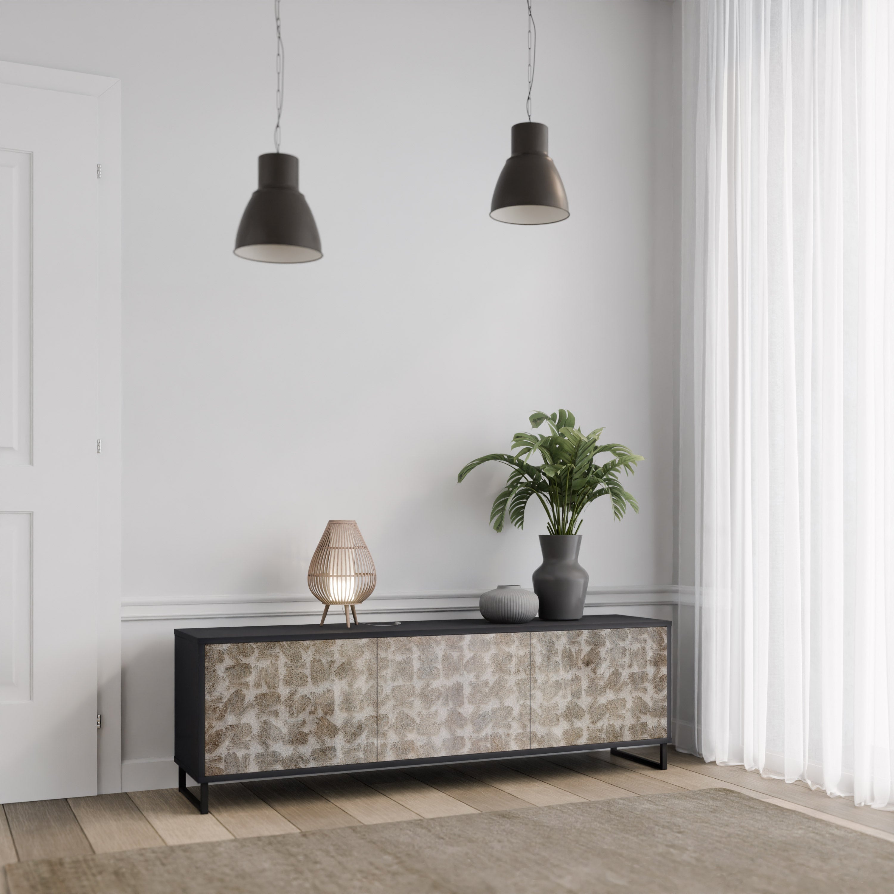 Meuble TV 3 portes LÉGÈREMENT FLOU en finition noire