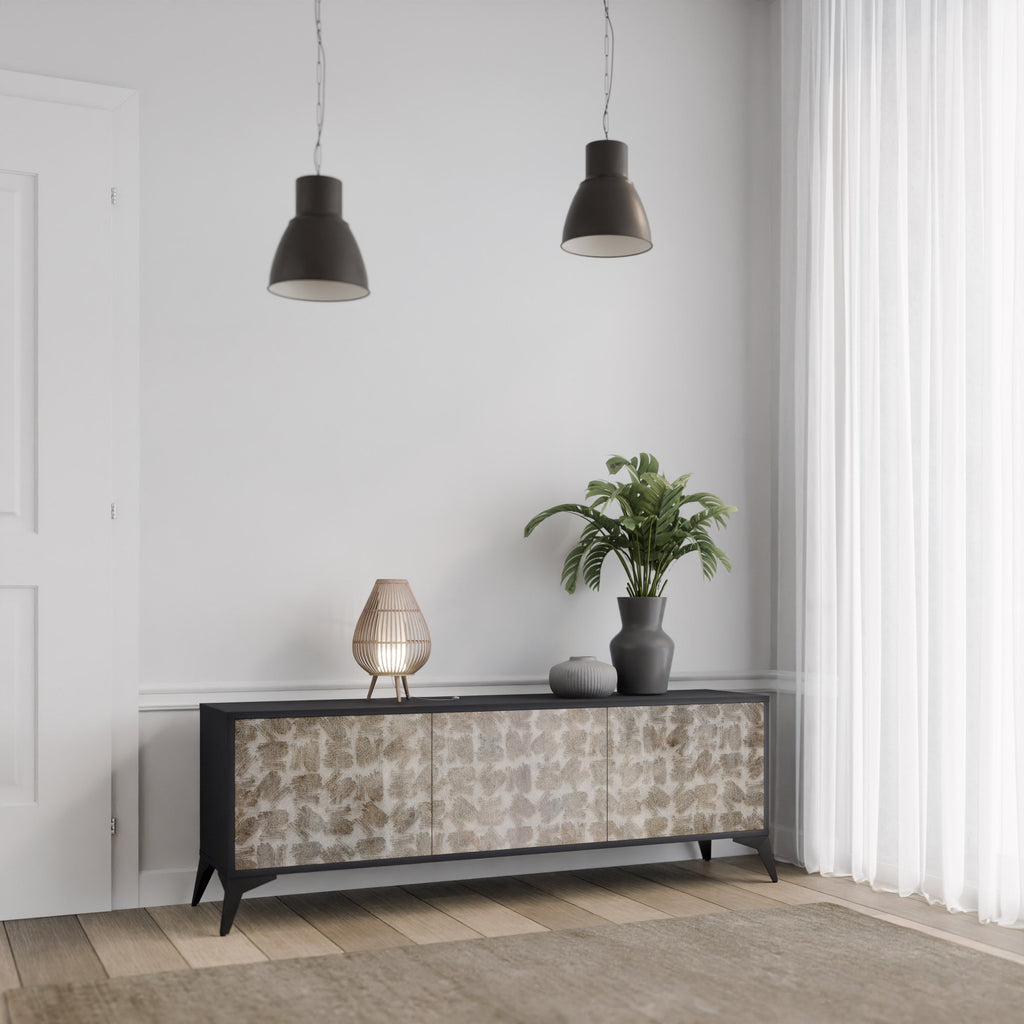 Meuble TV 3 portes LÉGÈREMENT FLOU en finition noire