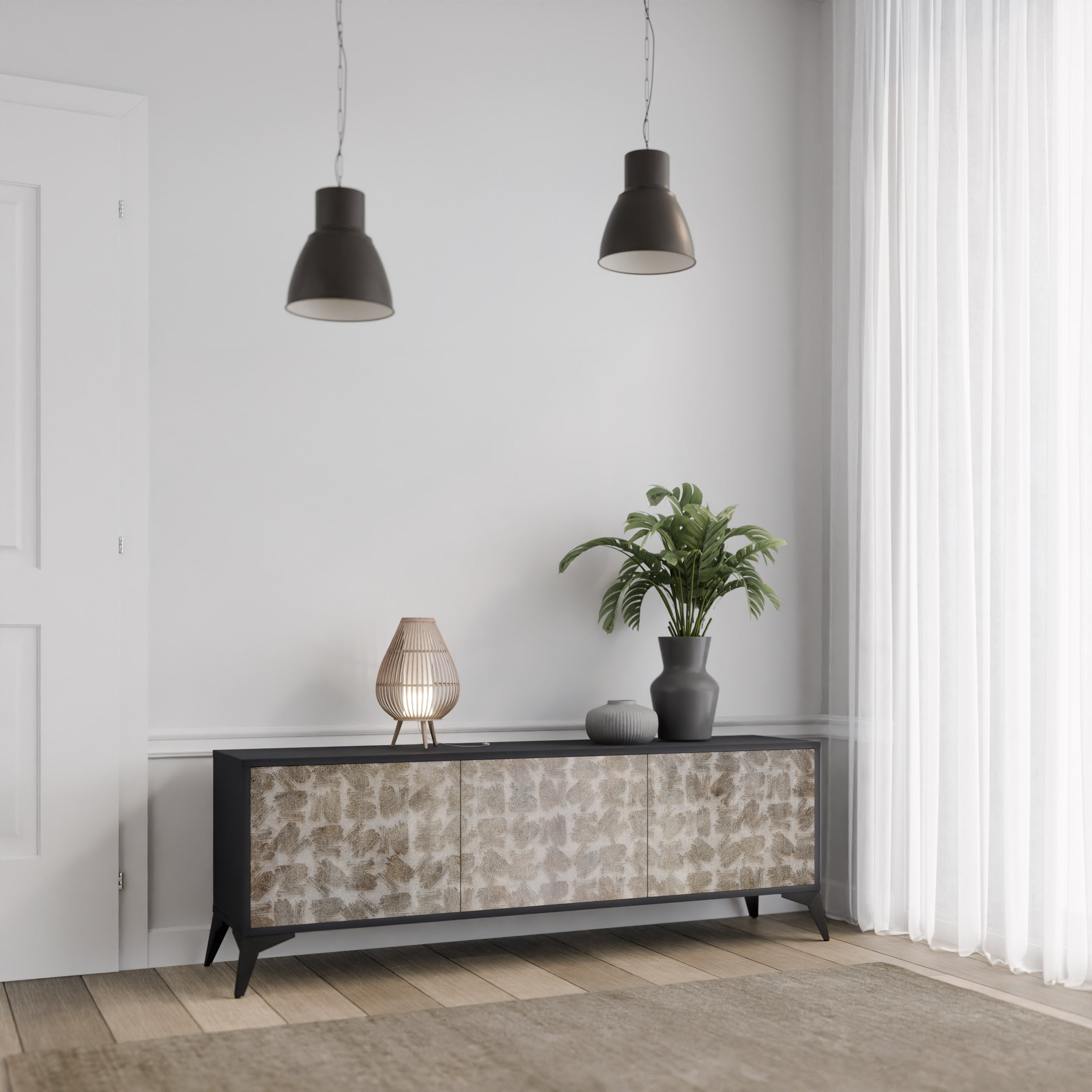 Meuble TV 3 portes LÉGÈREMENT FLOU en finition noire