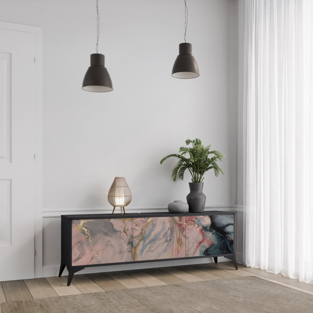 GILDED SWIRLS 3-Door TV Stand in Black Finish