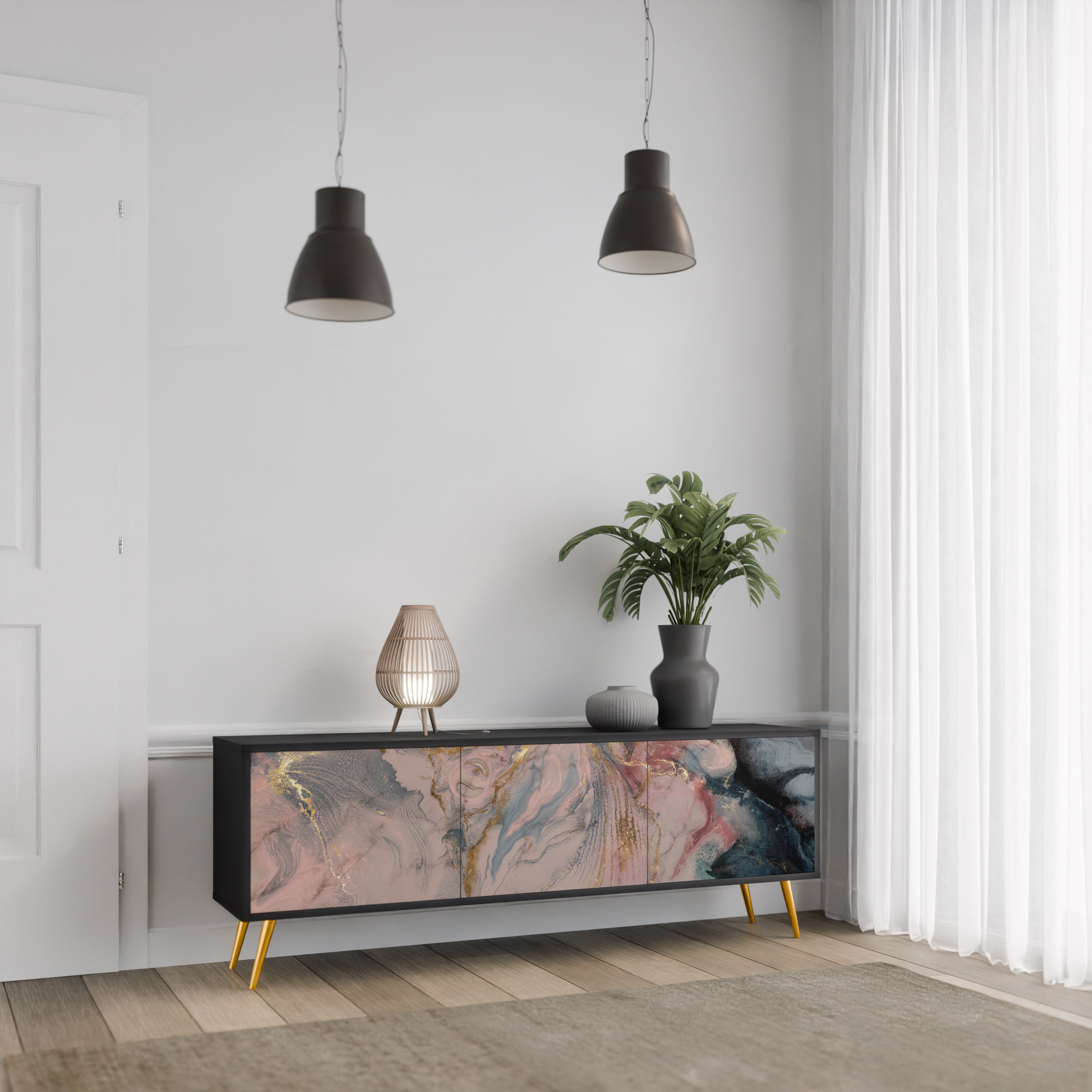 Meuble TV 3 portes GILDED SWIRLS finition noire