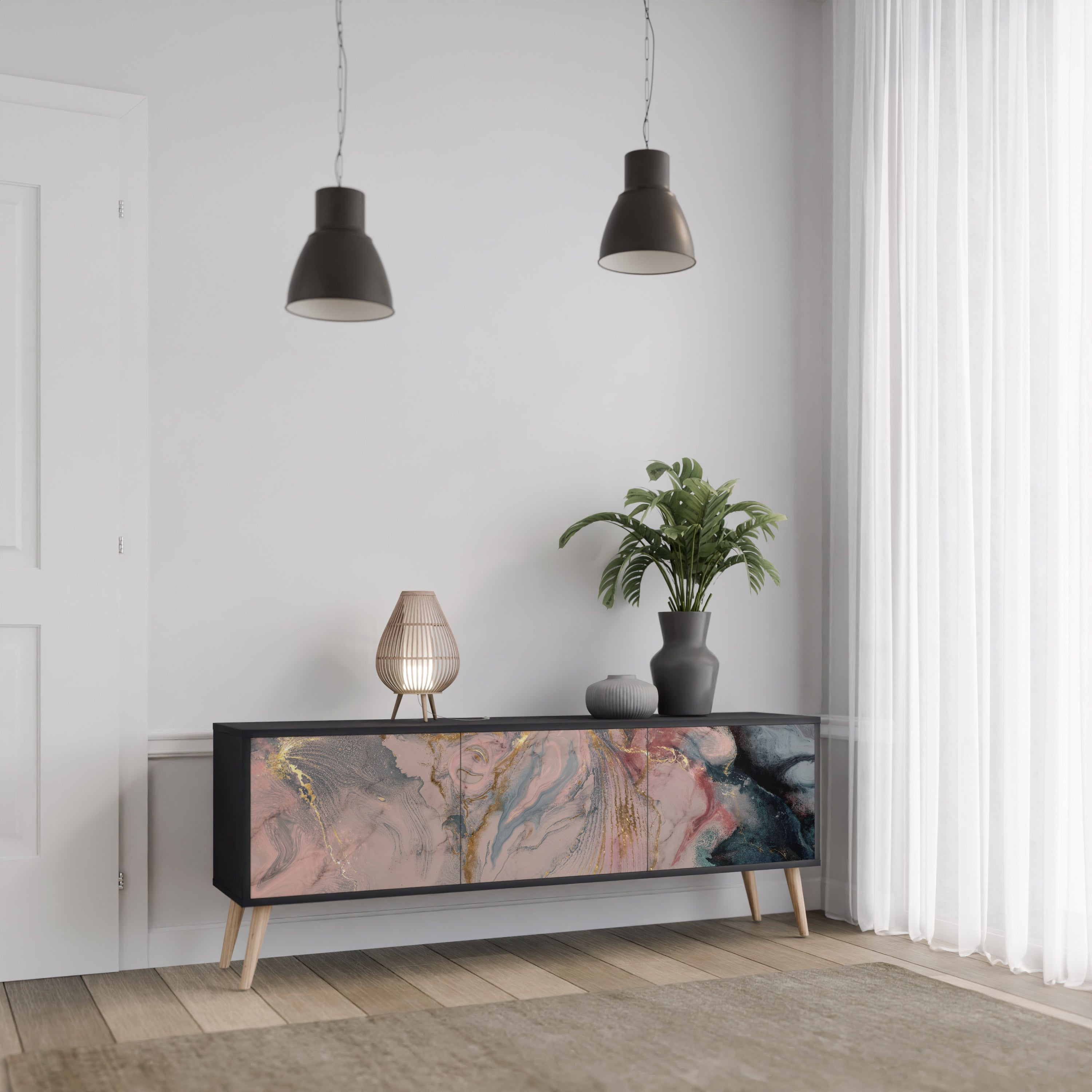 Meuble TV 3 portes GILDED SWIRLS finition noire