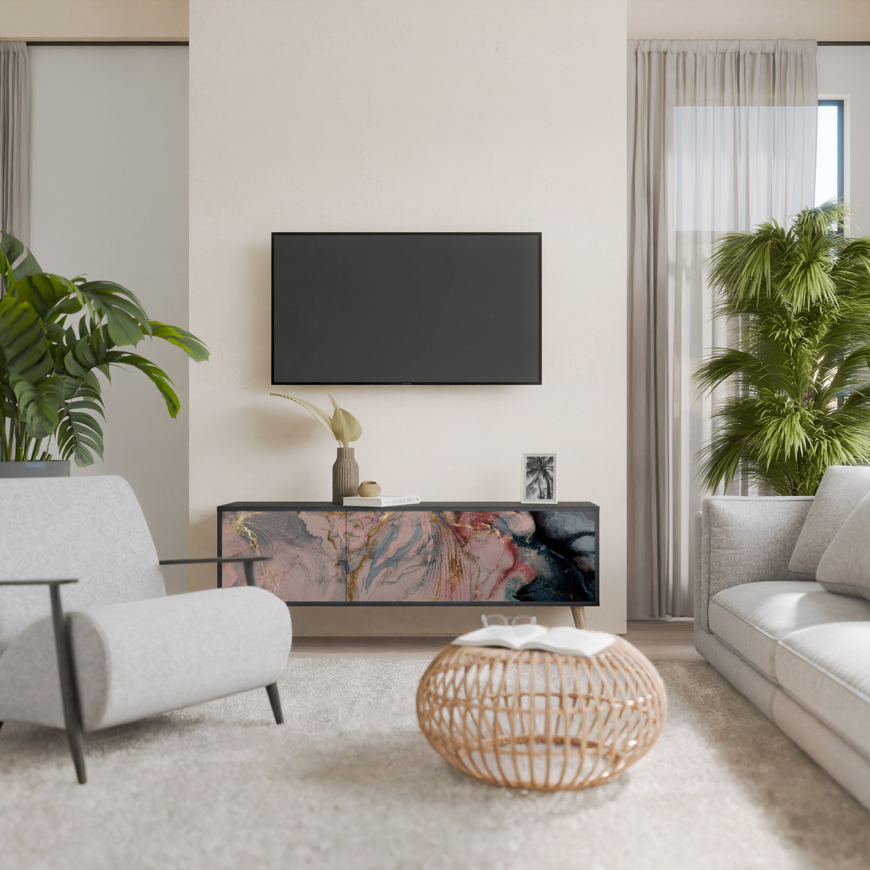 Meuble TV 3 portes GILDED SWIRLS finition noire