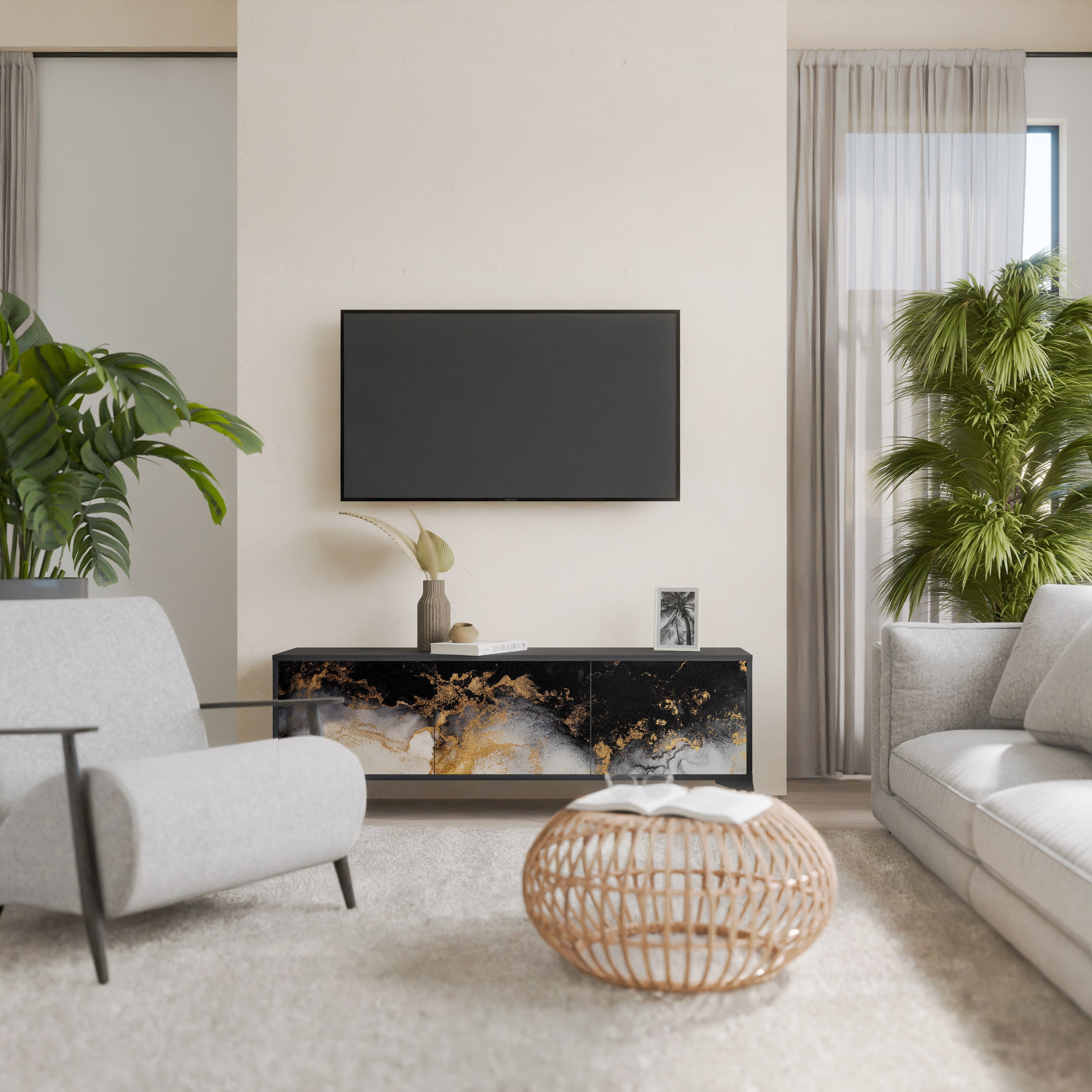 Meuble TV 3 portes MARBLE OF TOMMORROW finition noire