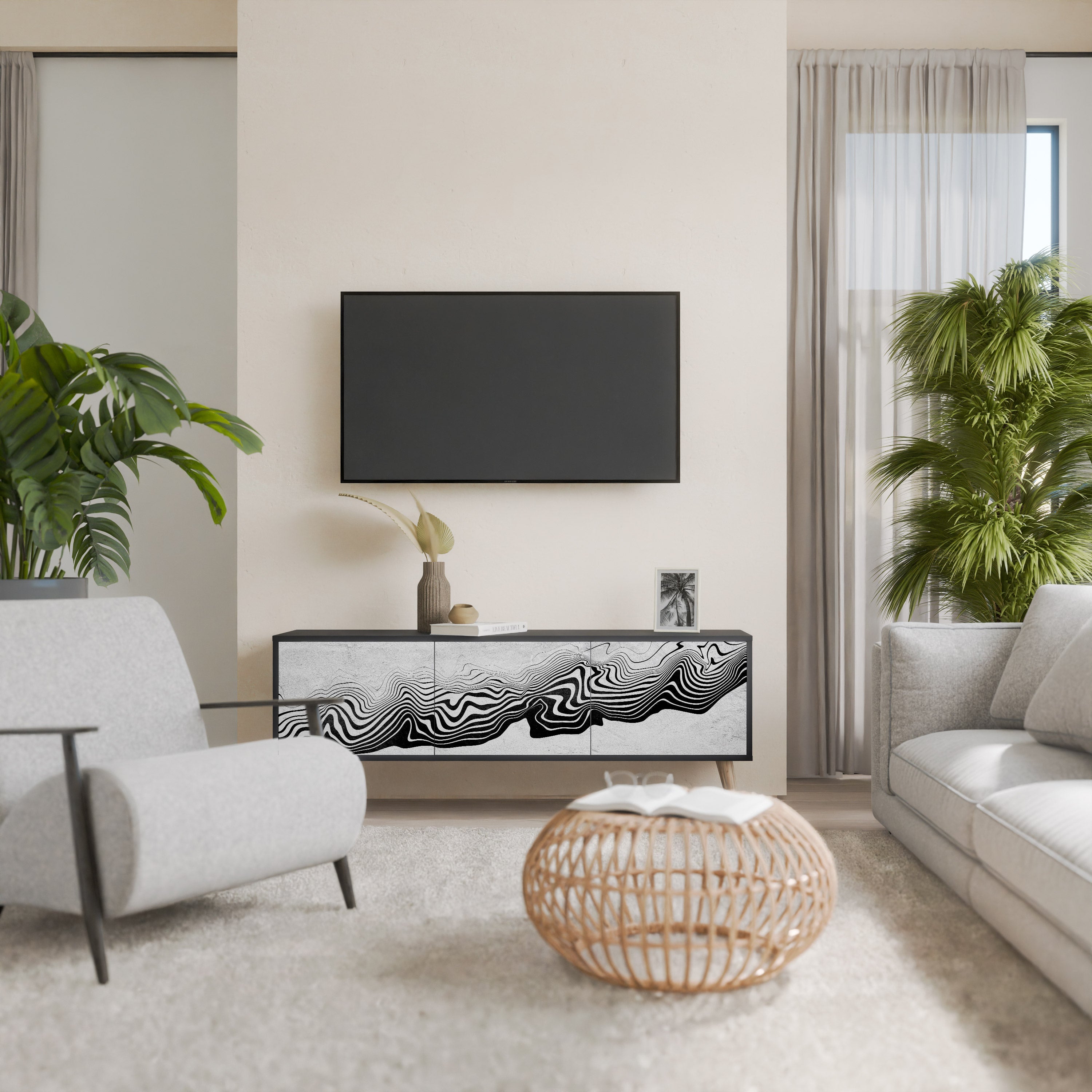 Meuble TV 3 portes MONOCHROME MIRAGE finition noire