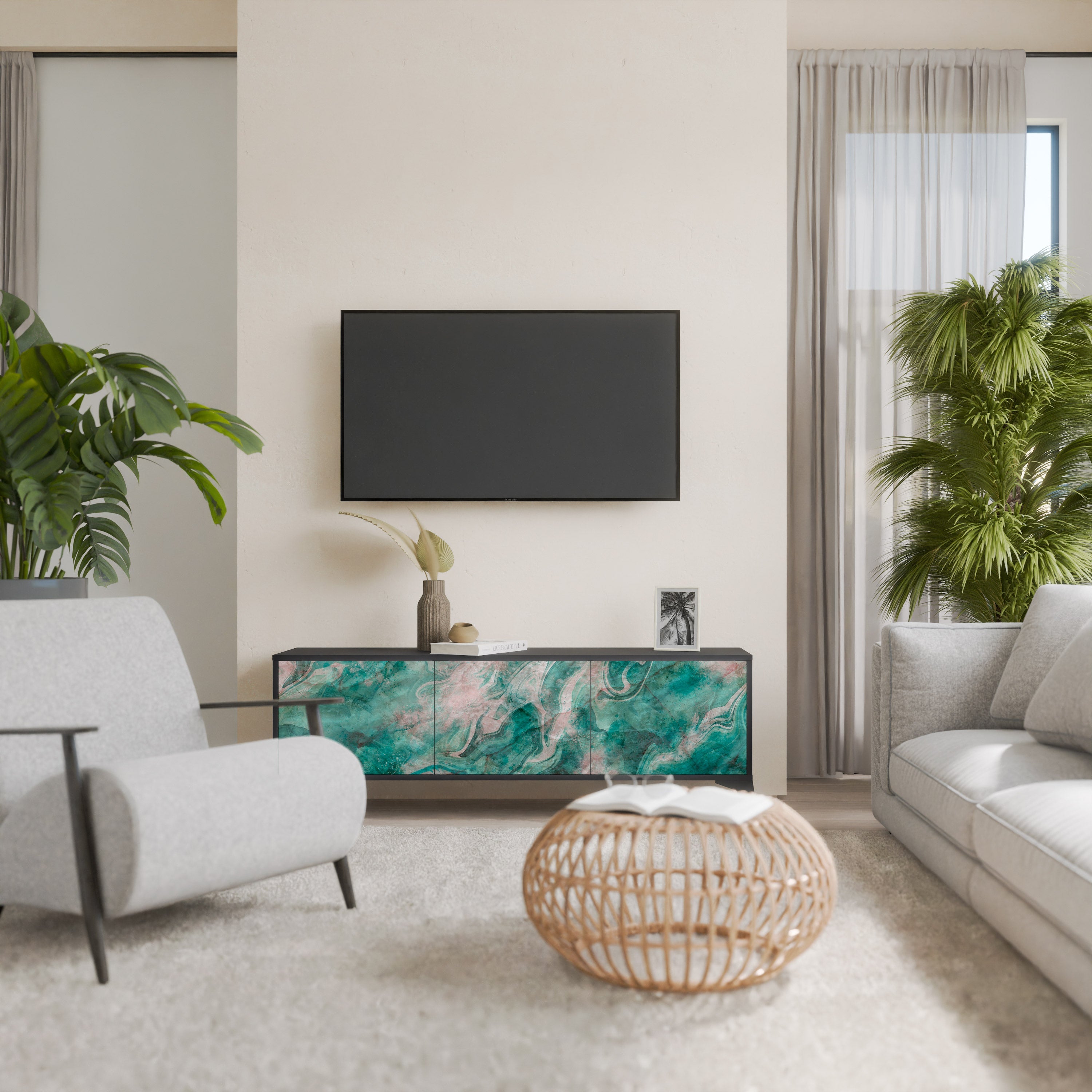 Meuble TV 3 portes ABSTRACT ALCHEMY, finition noire