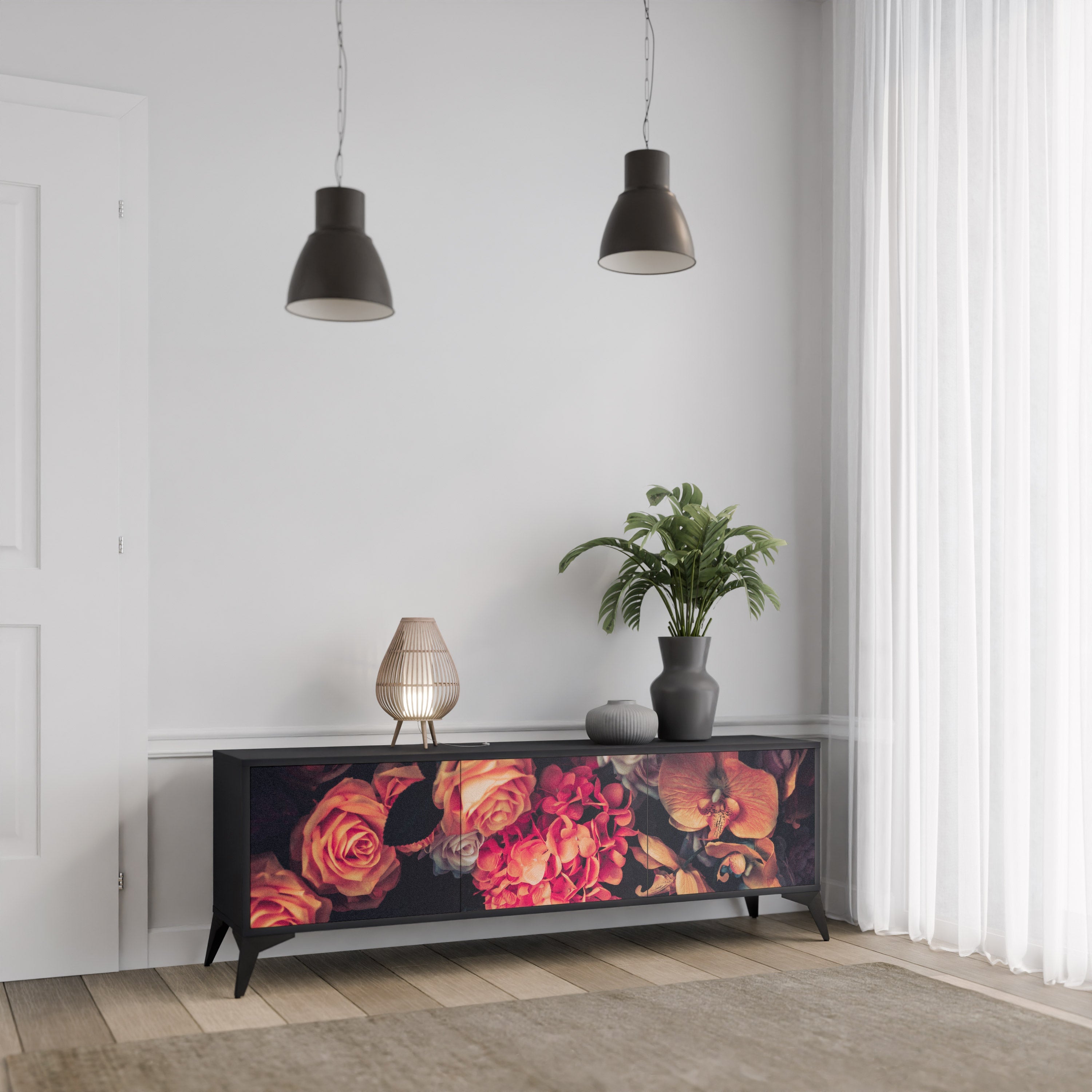 Meuble TV 3 portes NEVERENDING BLOOM finition noire