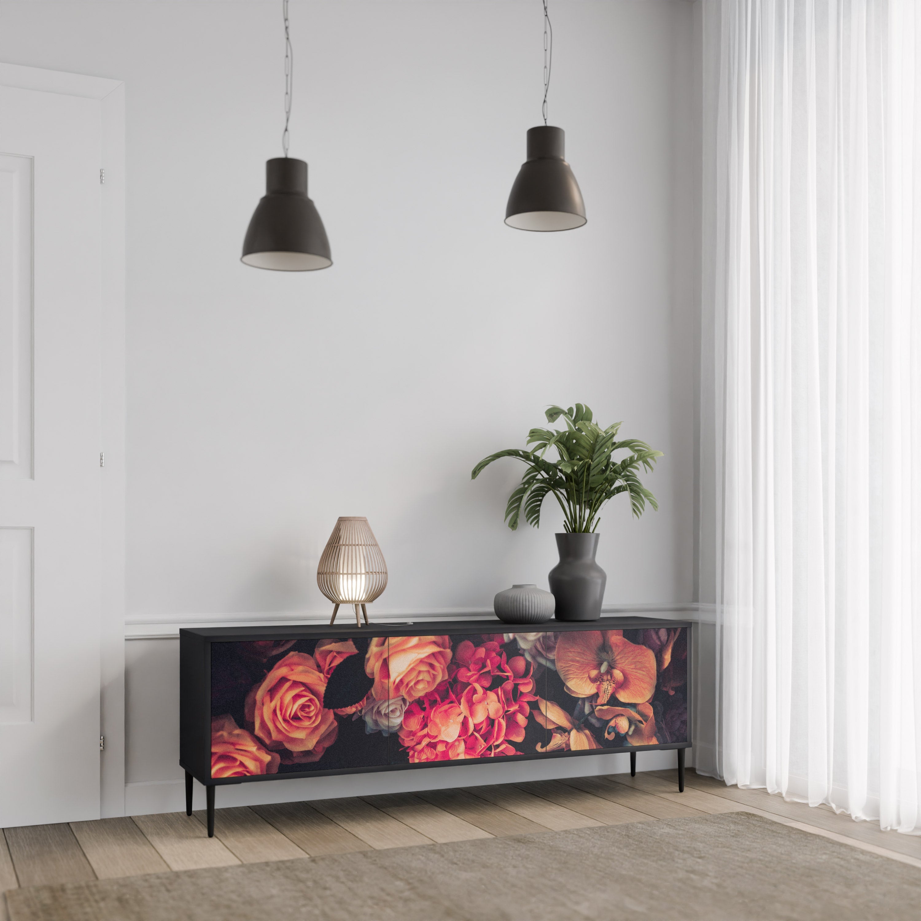 Meuble TV 3 portes NEVERENDING BLOOM finition noire