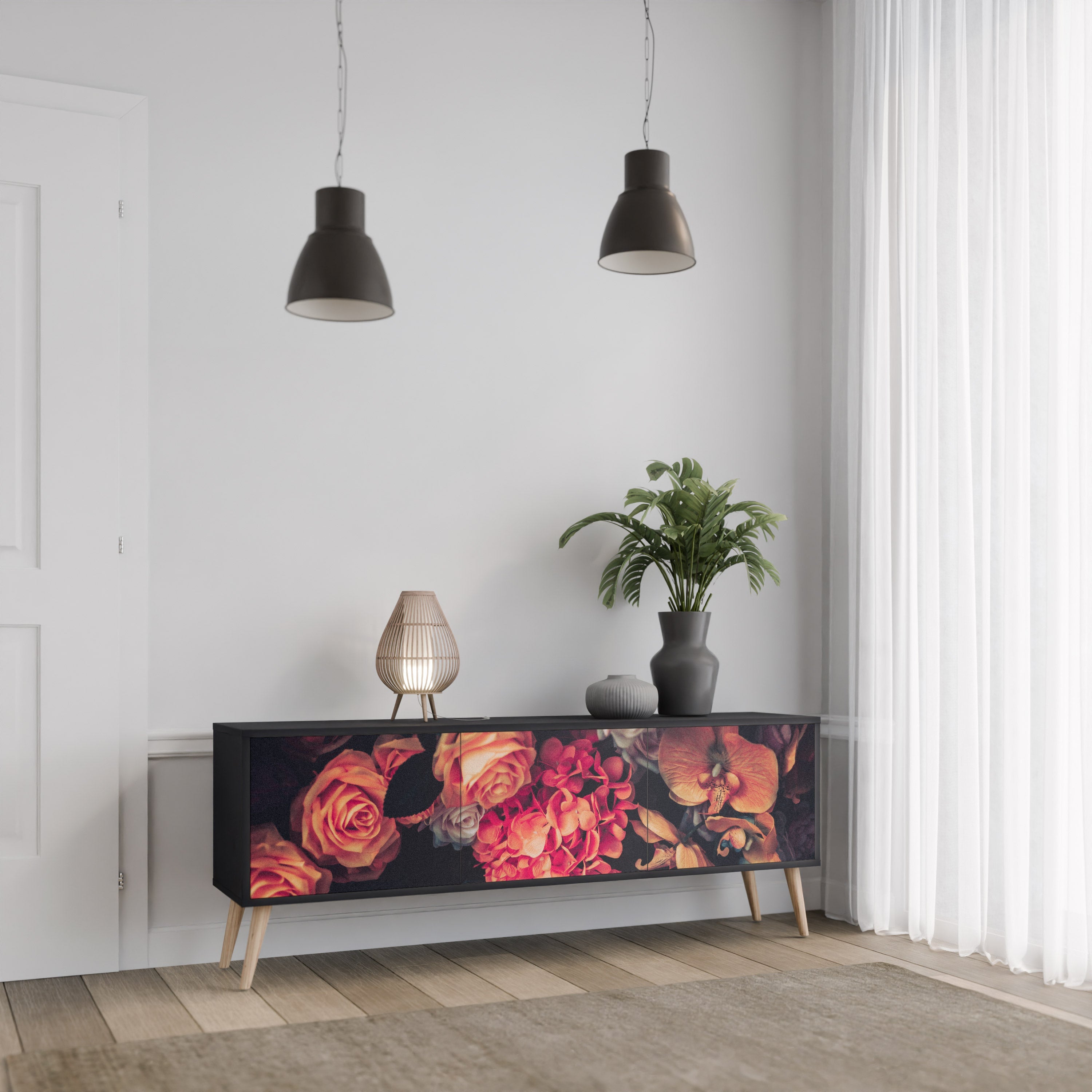 Meuble TV 3 portes NEVERENDING BLOOM finition noire