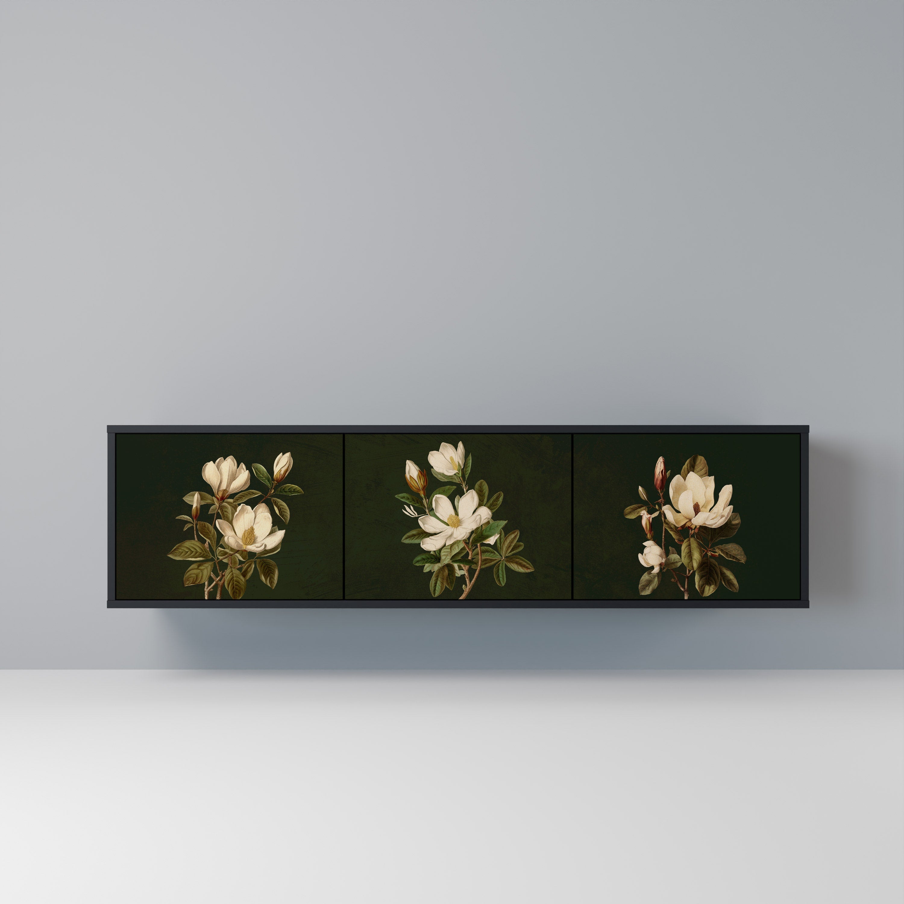 Meuble TV 3 portes FLORAL NOIR finition noire