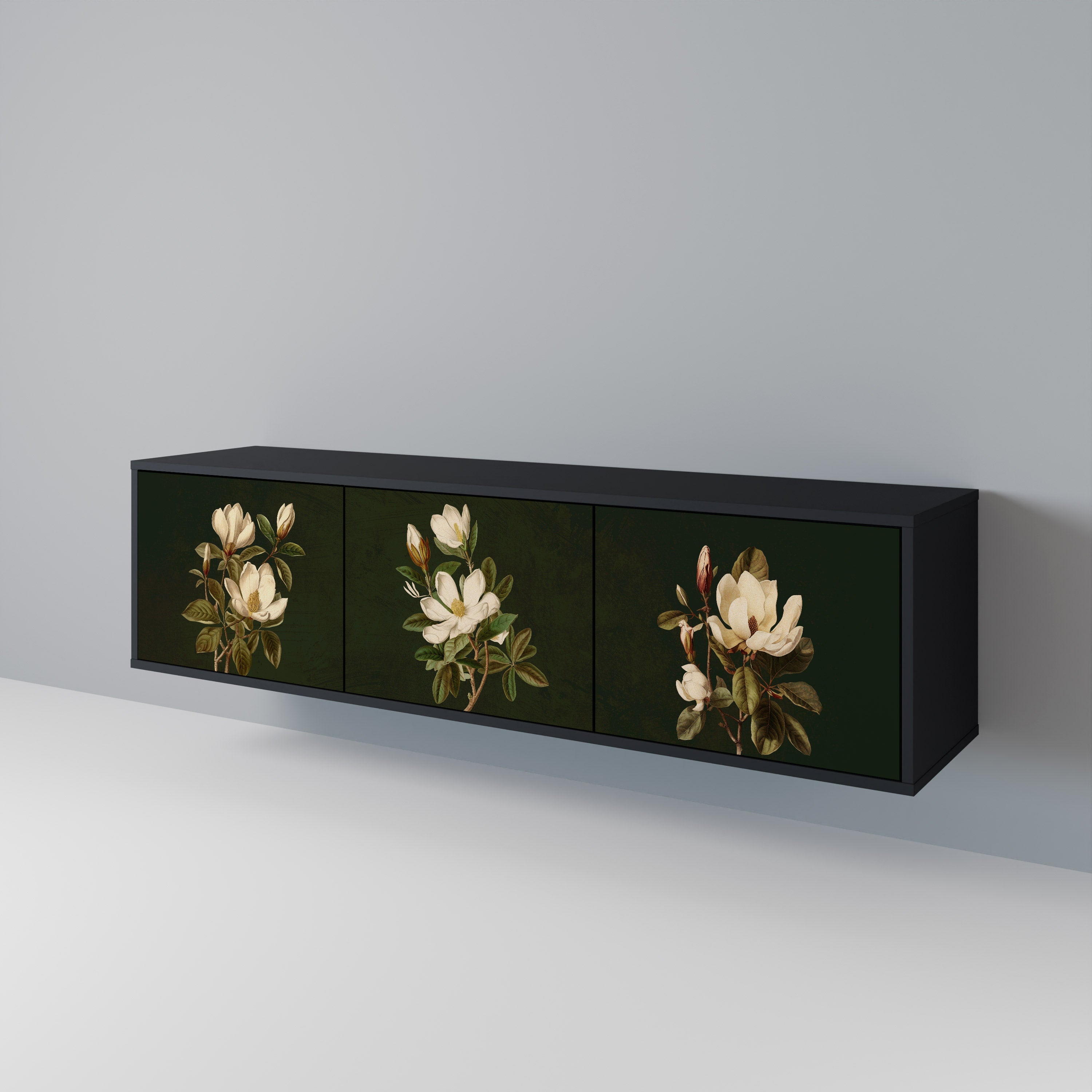 Meuble TV 3 portes FLORAL NOIR finition noire