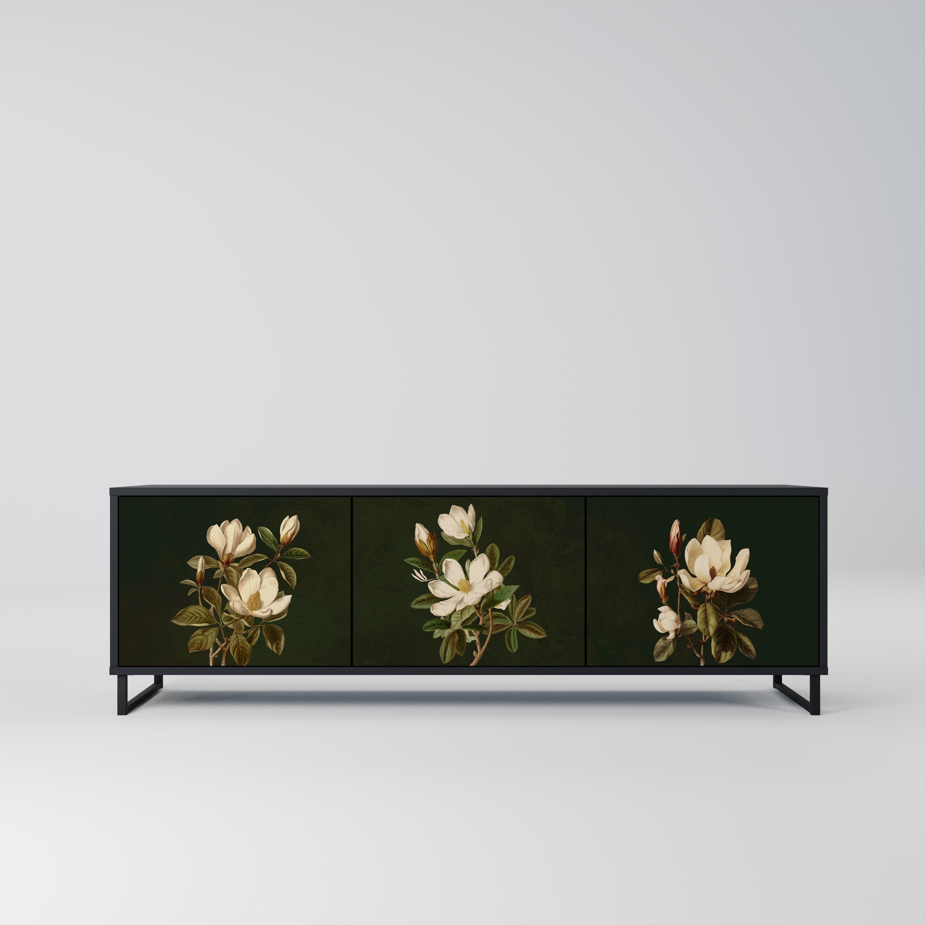 Meuble TV 3 portes FLORAL NOIR finition noire