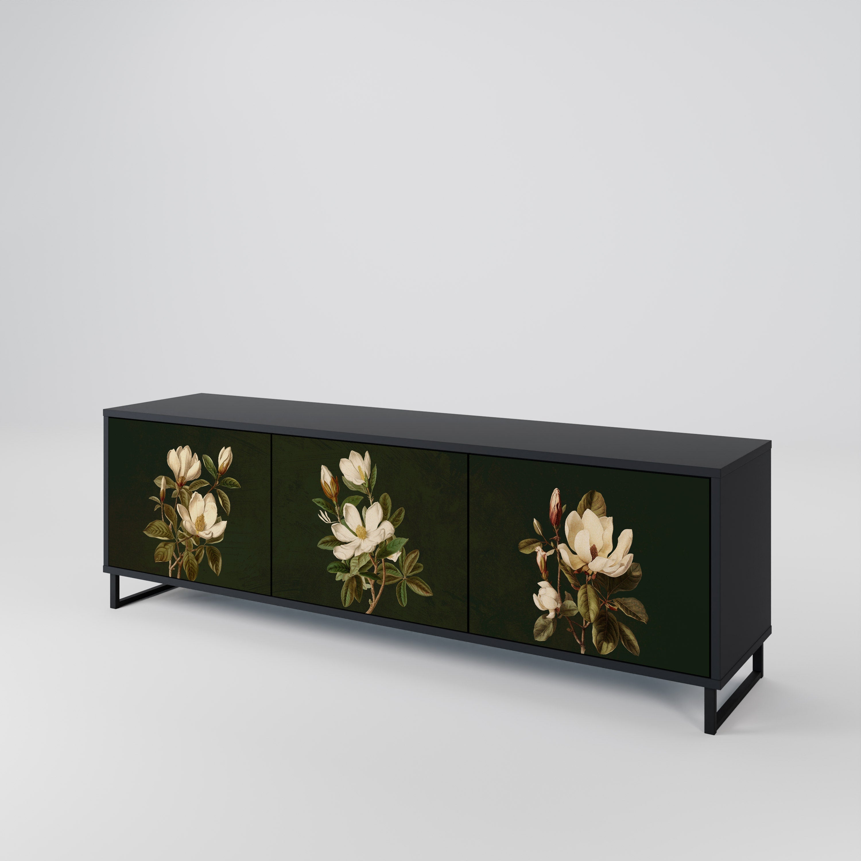 Meuble TV 3 portes FLORAL NOIR finition noire