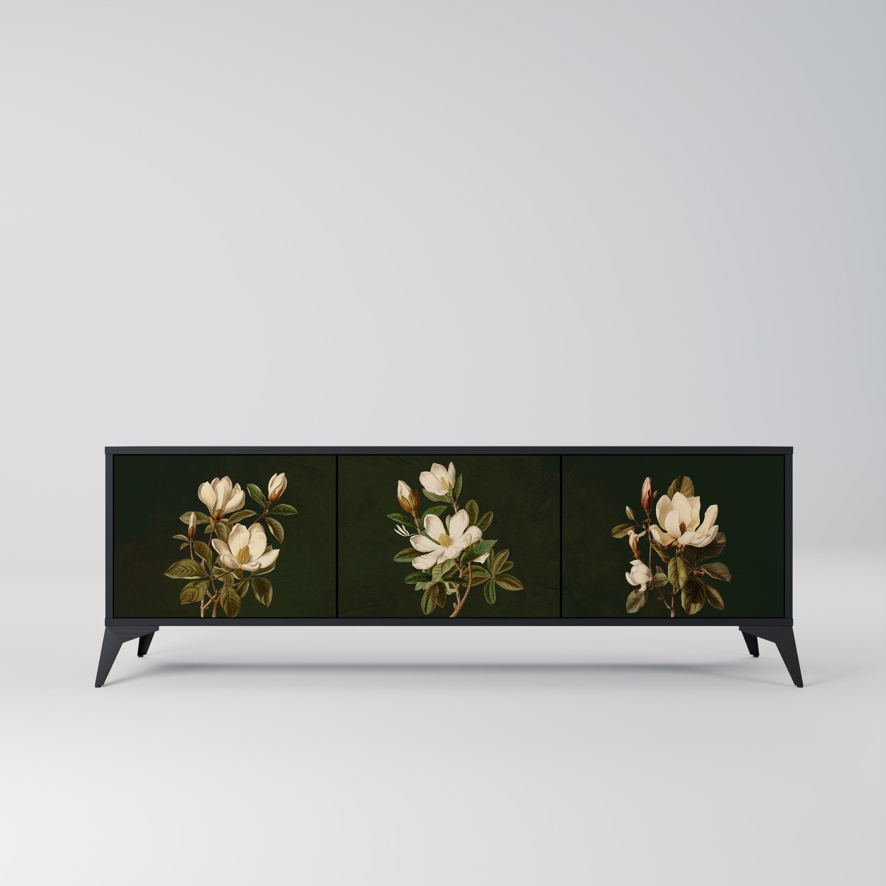 Meuble TV 3 portes FLORAL NOIR finition noire