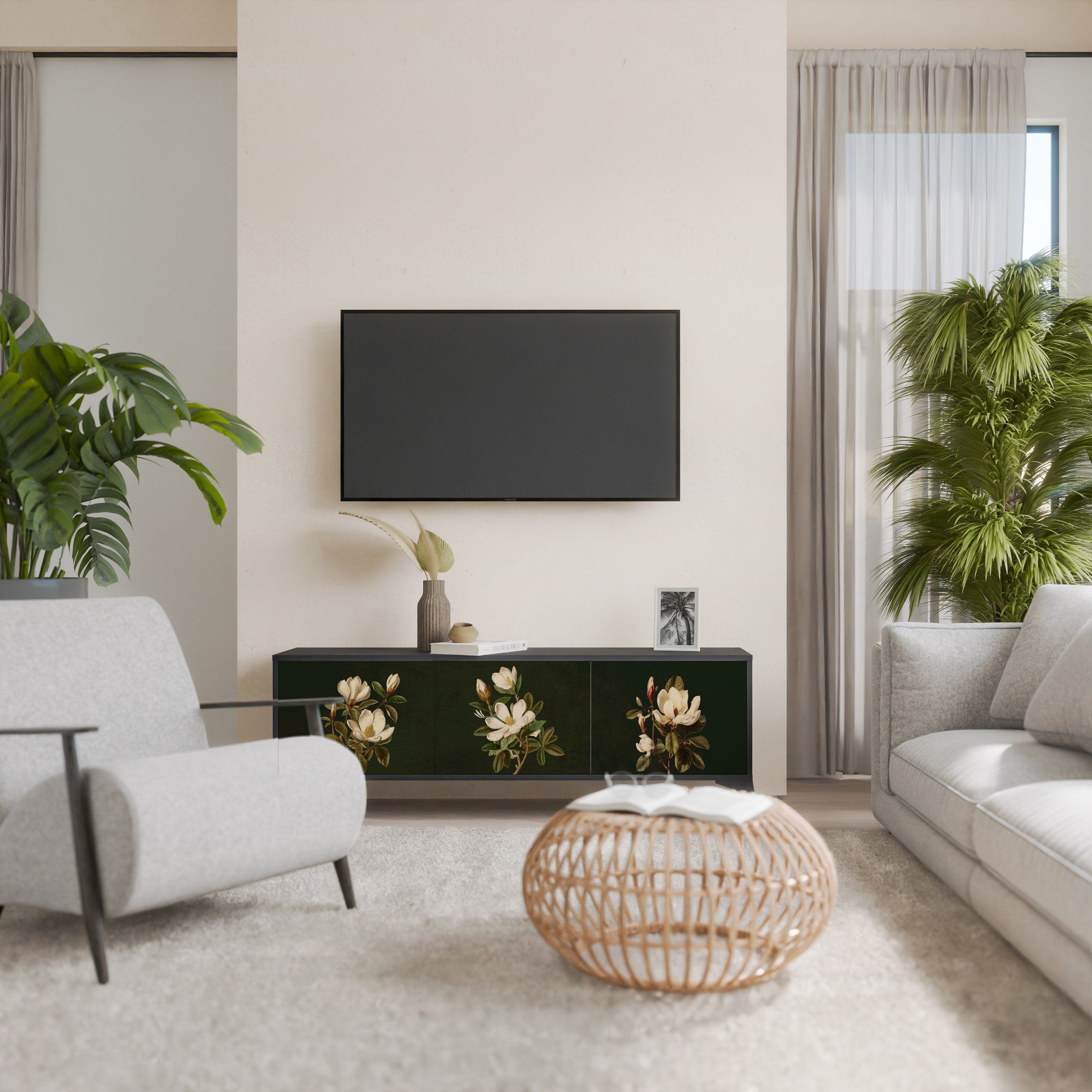 Meuble TV 3 portes FLORAL NOIR finition noire