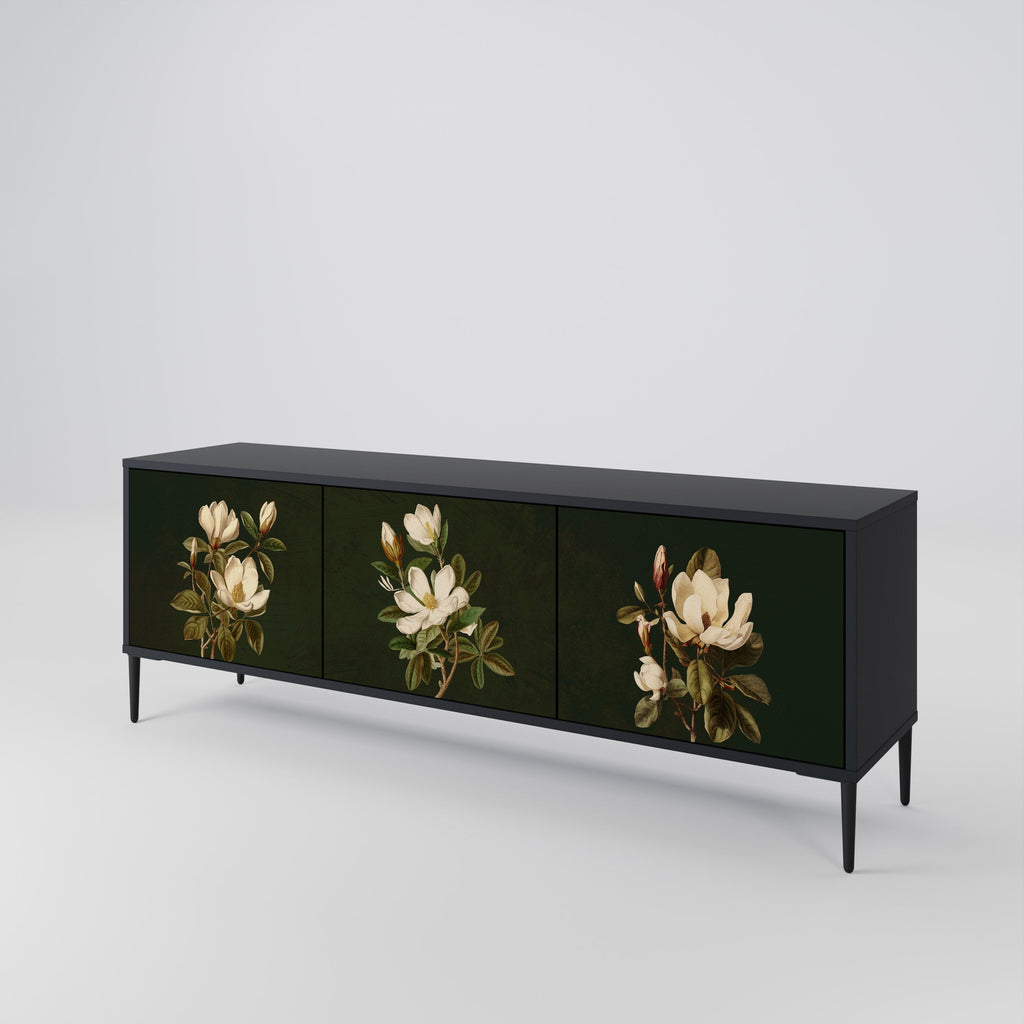 Meuble TV 3 portes FLORAL NOIR finition noire