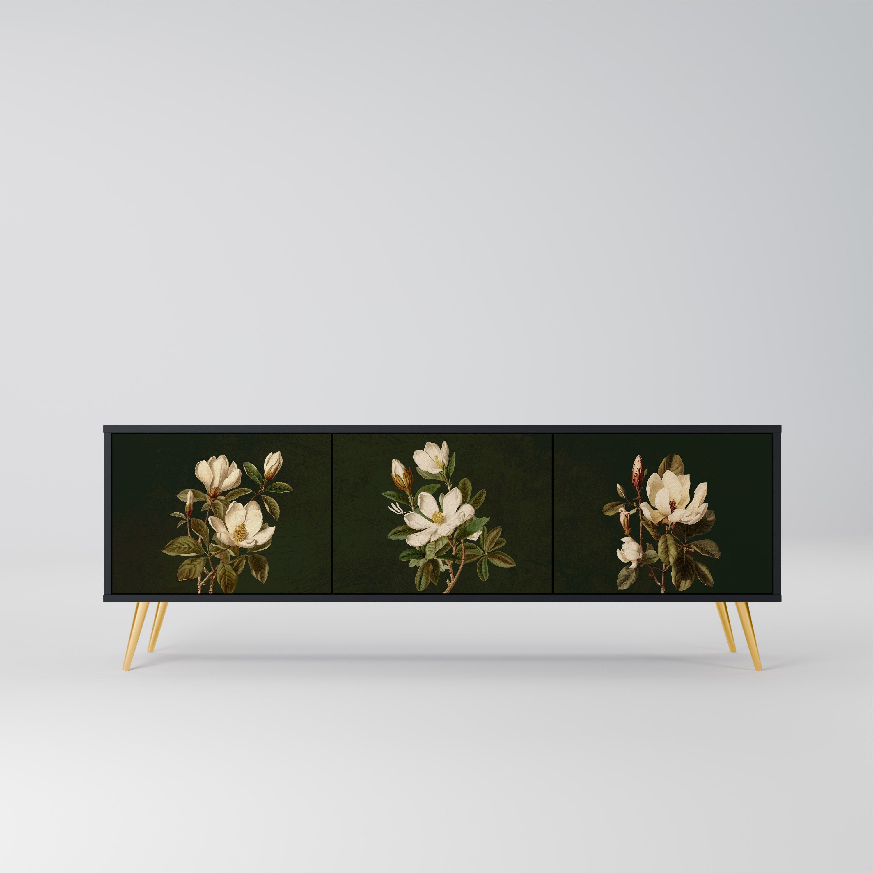 Meuble TV 3 portes FLORAL NOIR finition noire