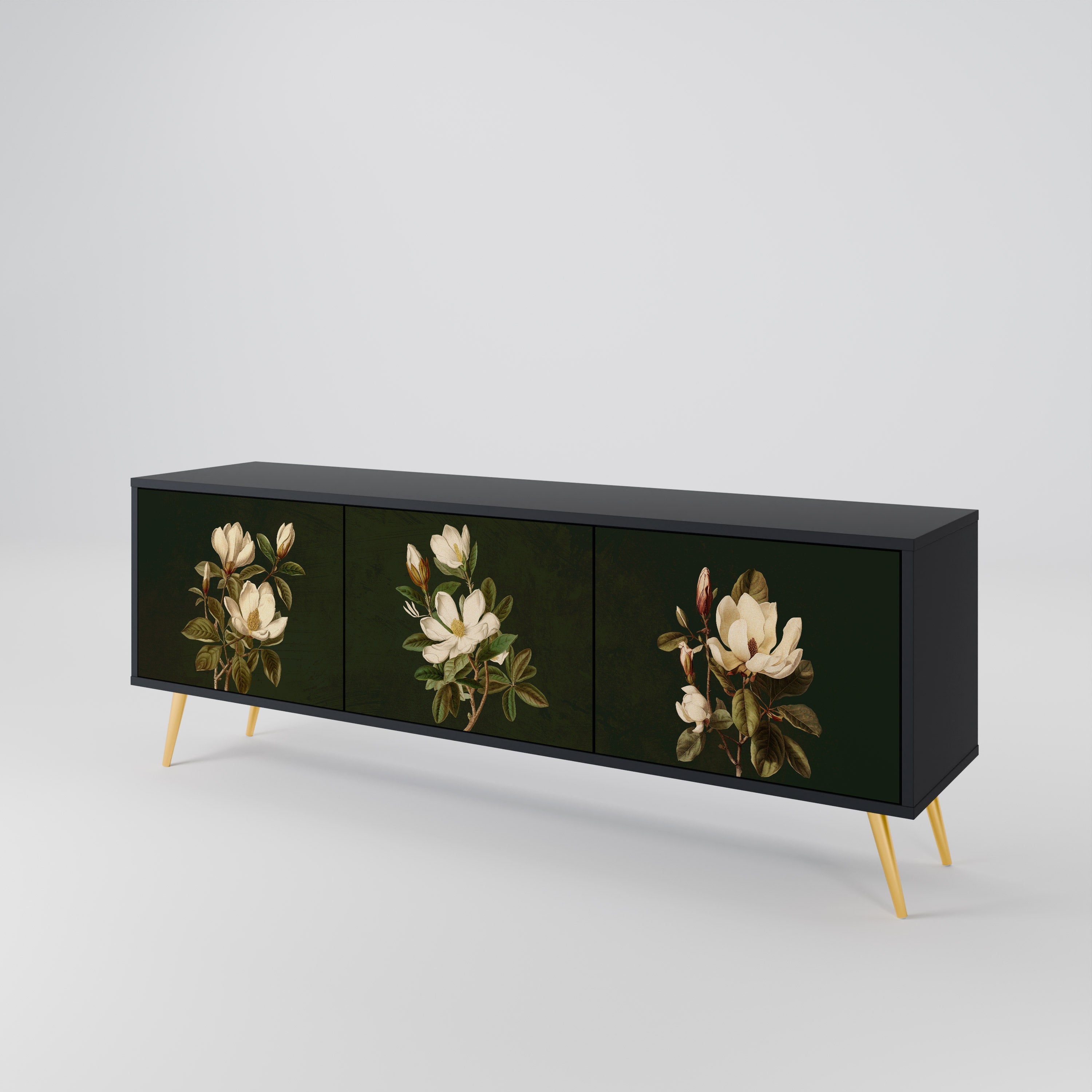 Meuble TV 3 portes FLORAL NOIR finition noire
