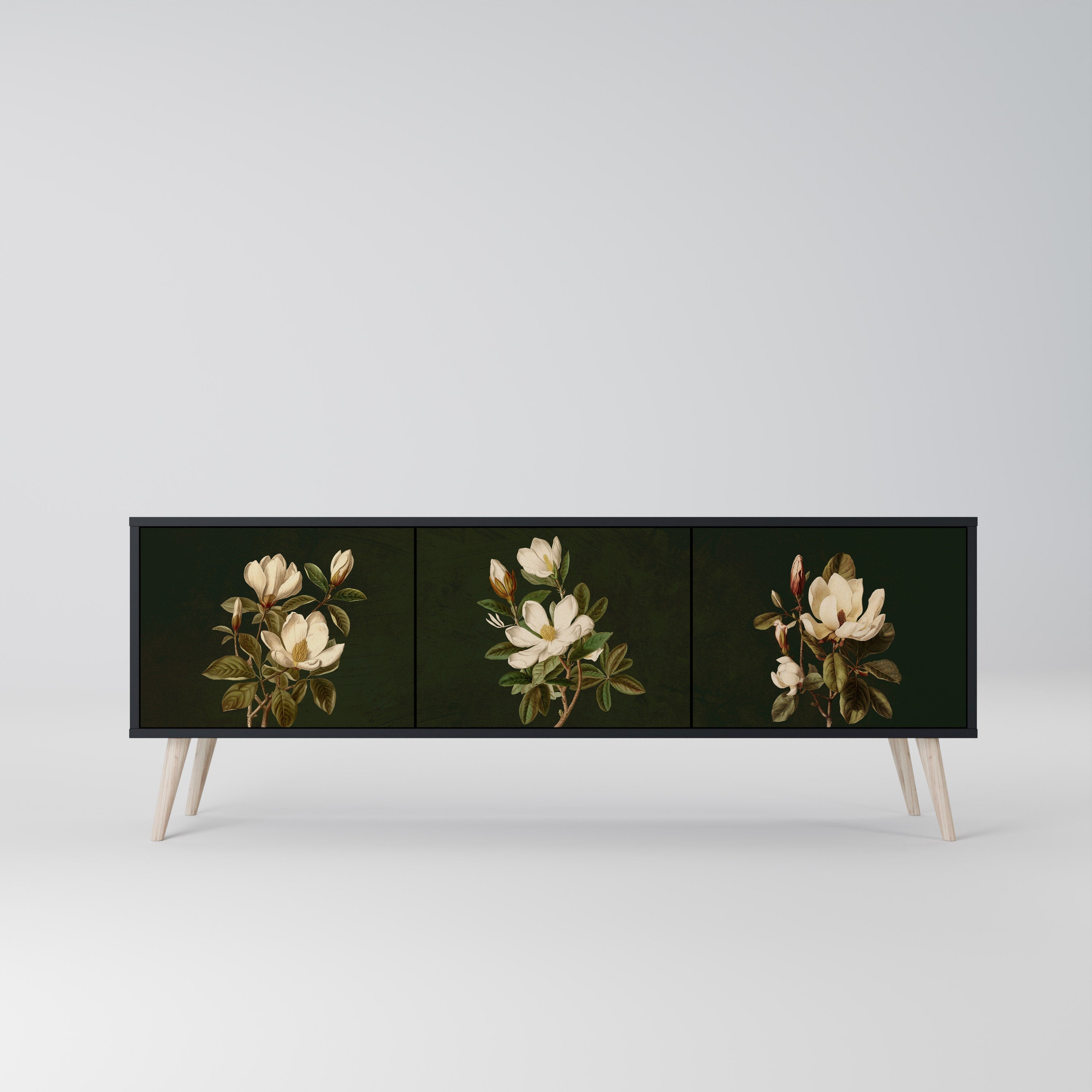 Meuble TV 3 portes FLORAL NOIR finition noire