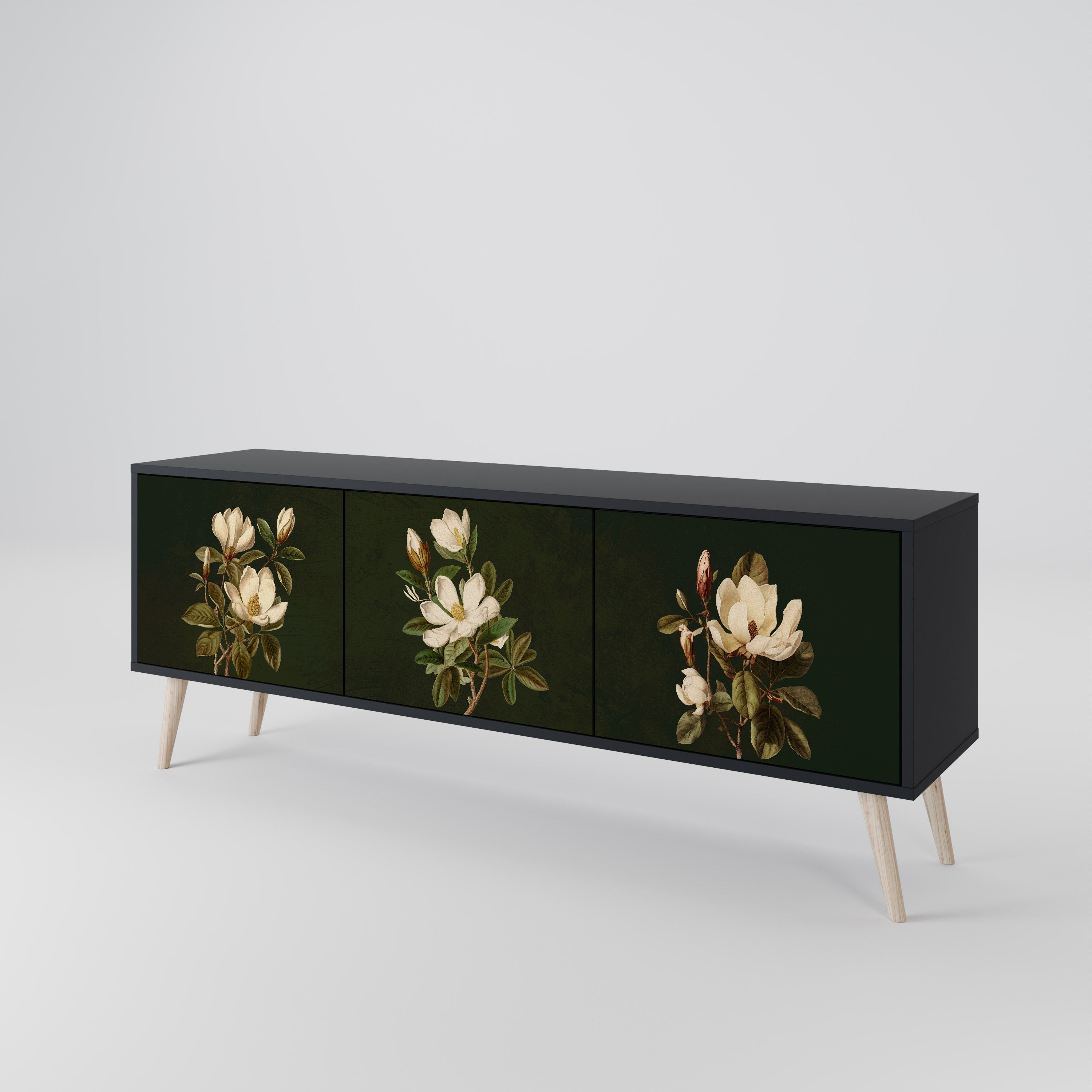 Meuble TV 3 portes FLORAL NOIR finition noire