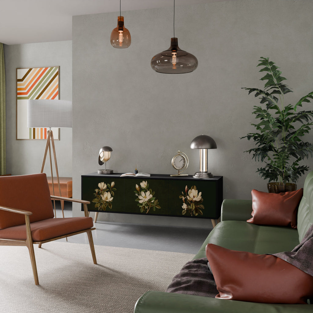 Meuble TV 3 portes FLORAL NOIR finition noire