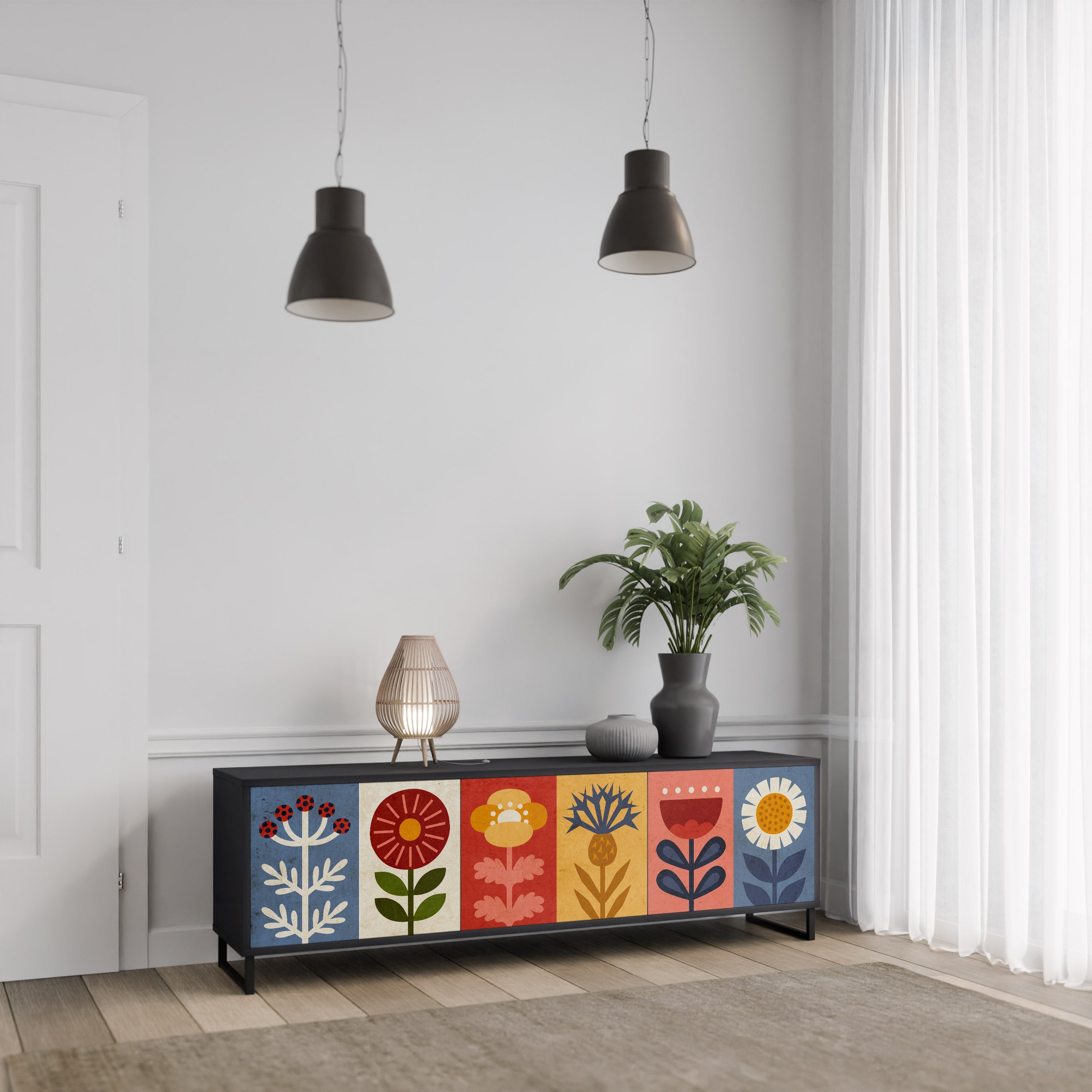 Meuble TV 3 portes SCANDIC FLOWERET finition noire