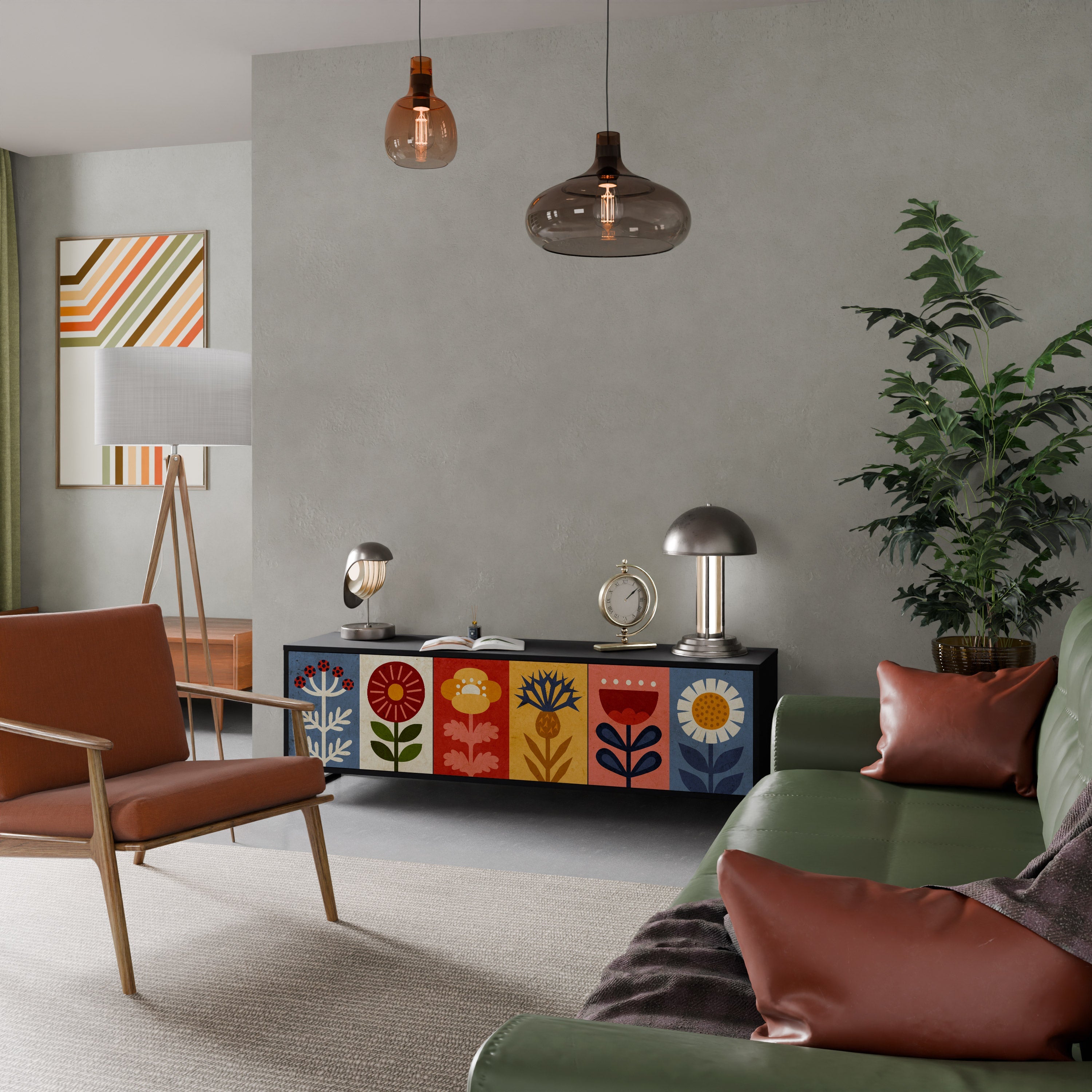 Meuble TV 3 portes SCANDIC FLOWERET finition noire