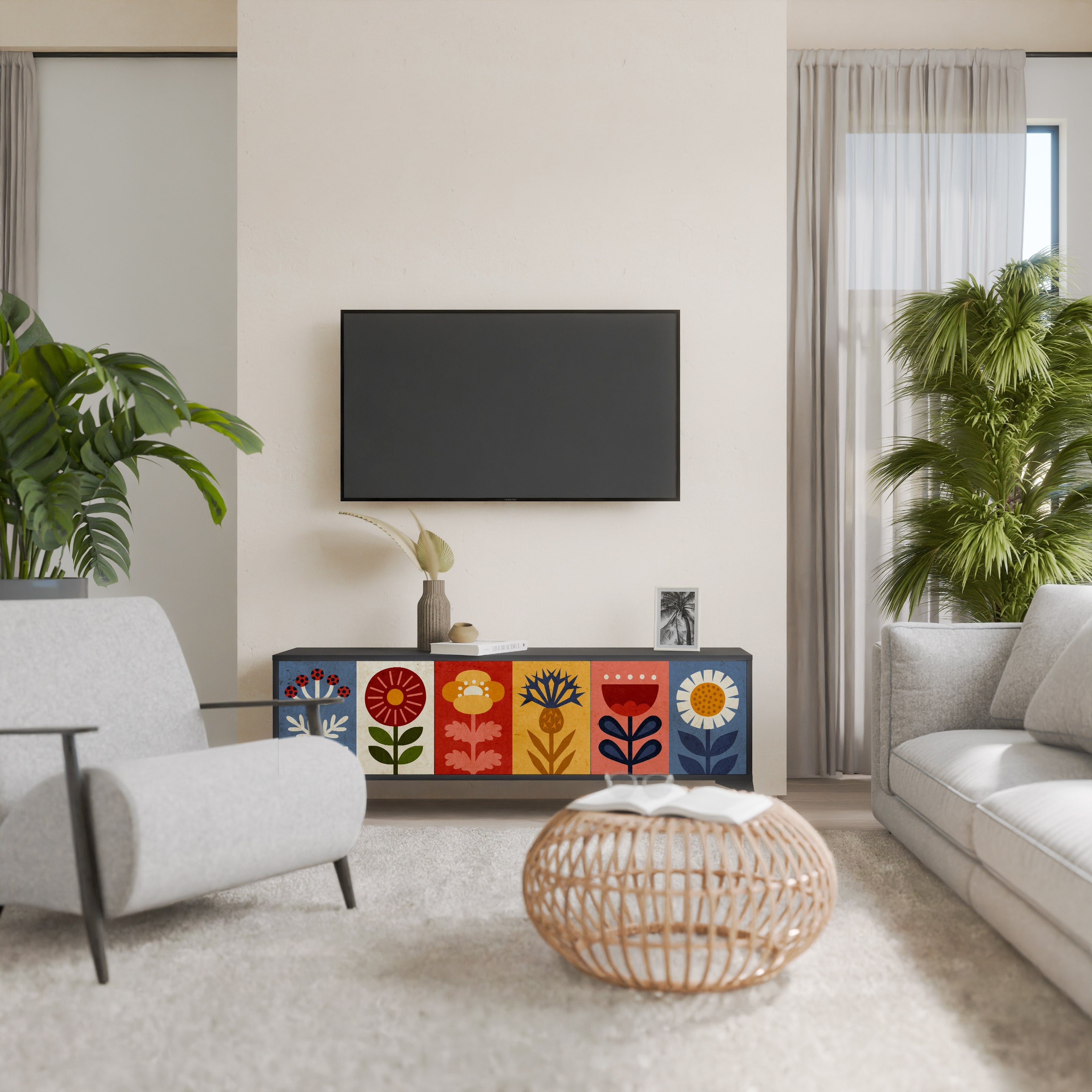 Meuble TV 3 portes SCANDIC FLOWERET finition noire