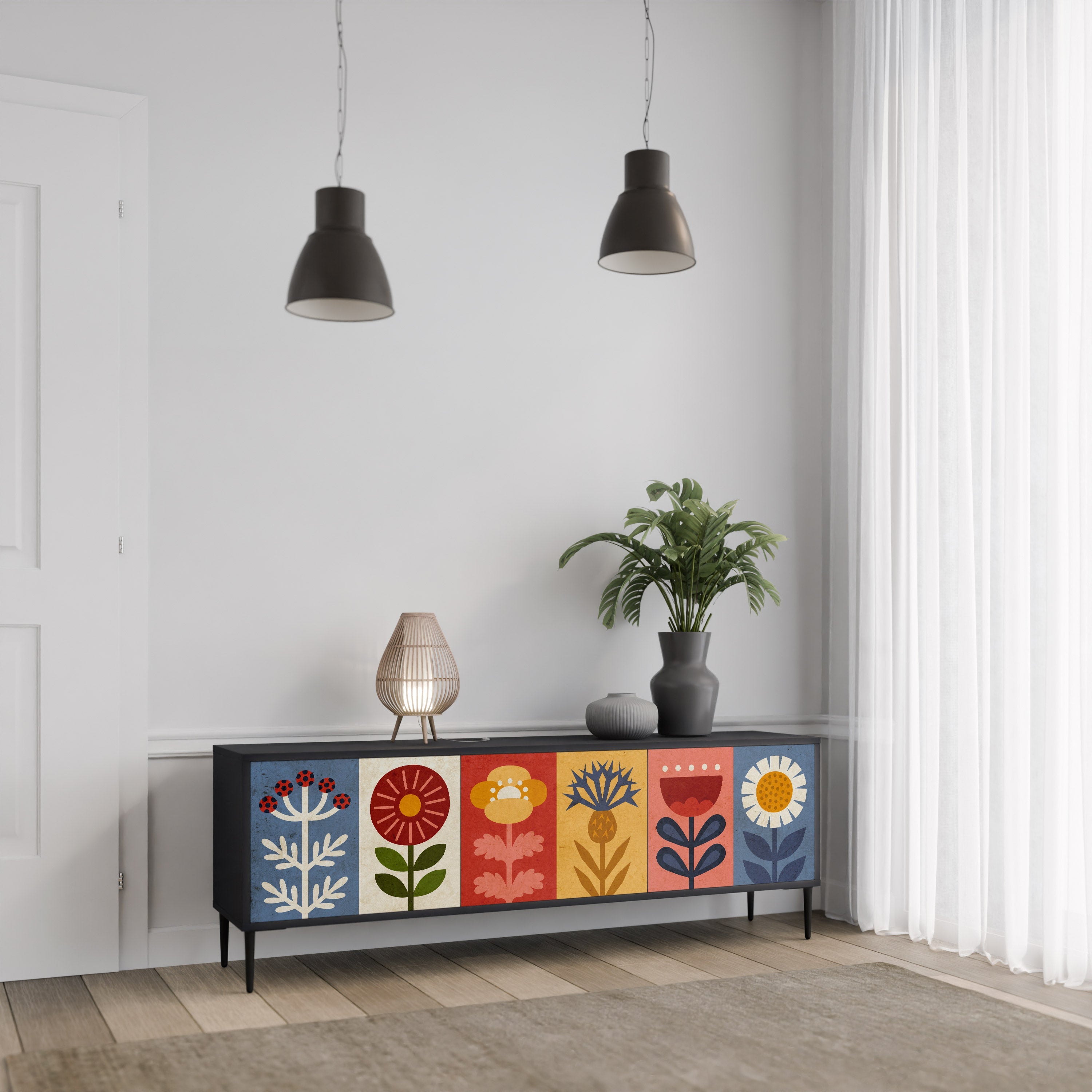 Meuble TV 3 portes SCANDIC FLOWERET finition noire