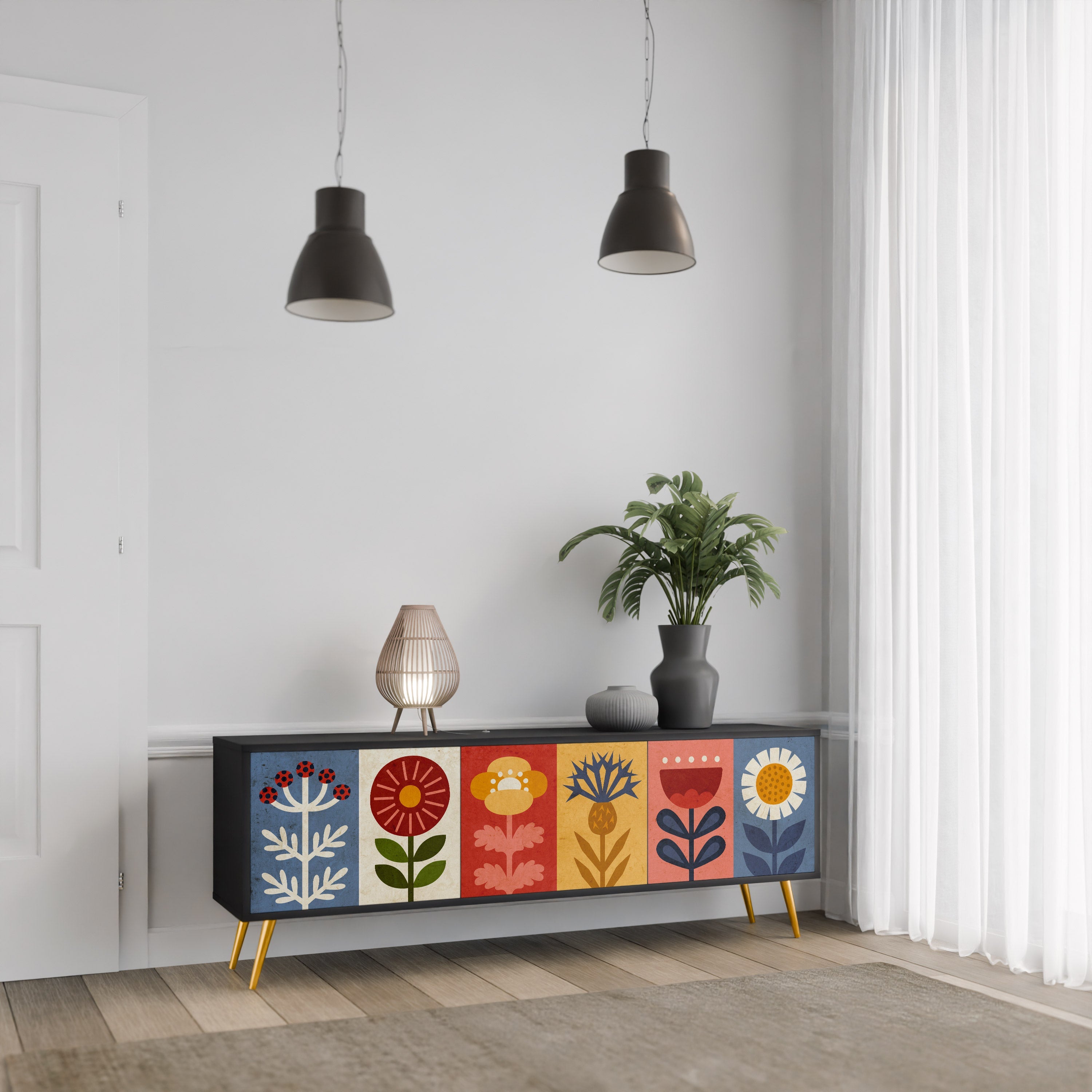 Meuble TV 3 portes SCANDIC FLOWERET finition noire