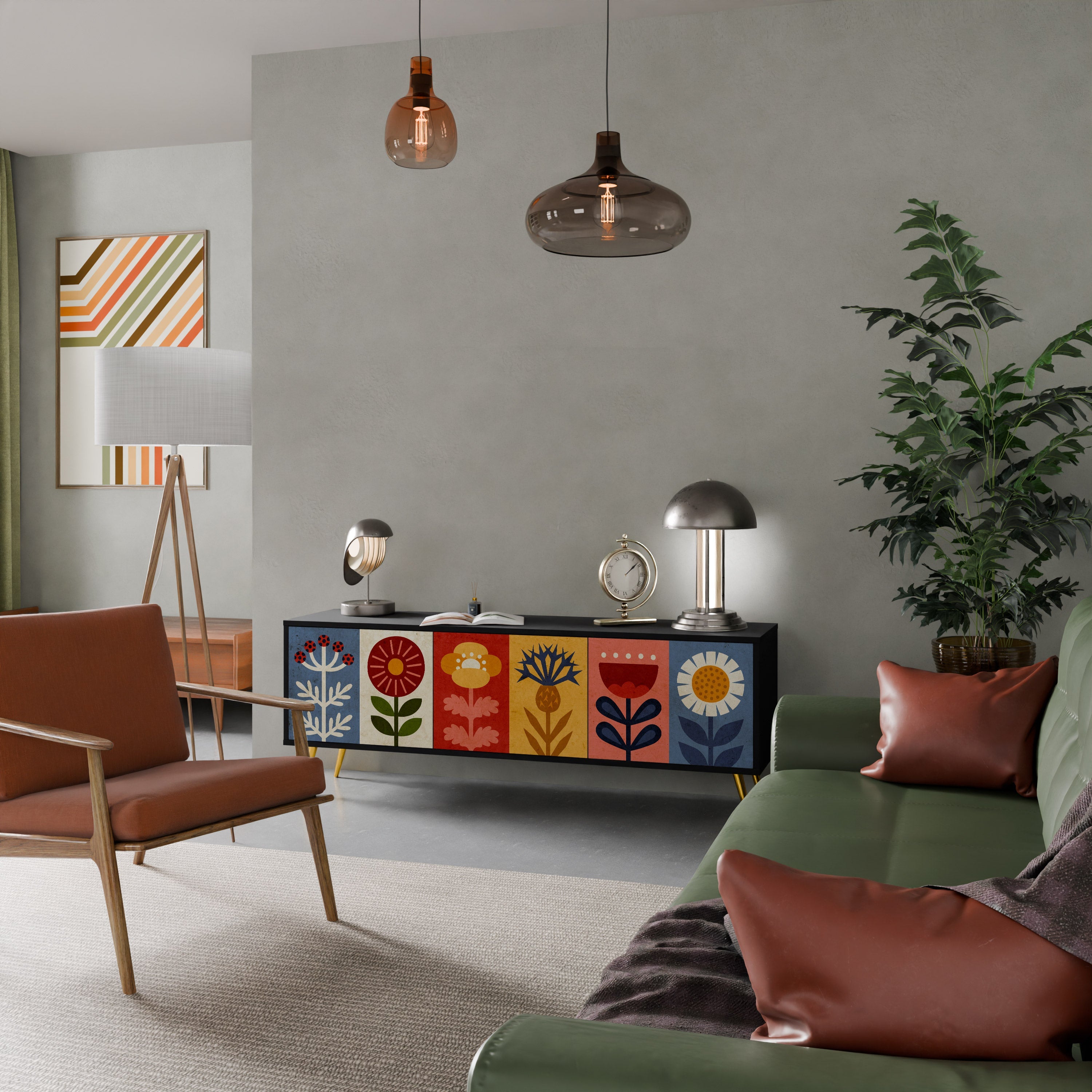 Meuble TV 3 portes SCANDIC FLOWERET finition noire