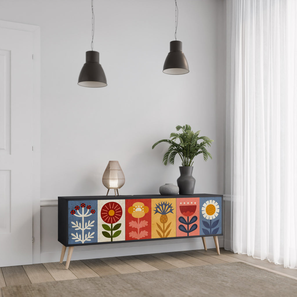 Meuble TV 3 portes SCANDIC FLOWERET finition noire