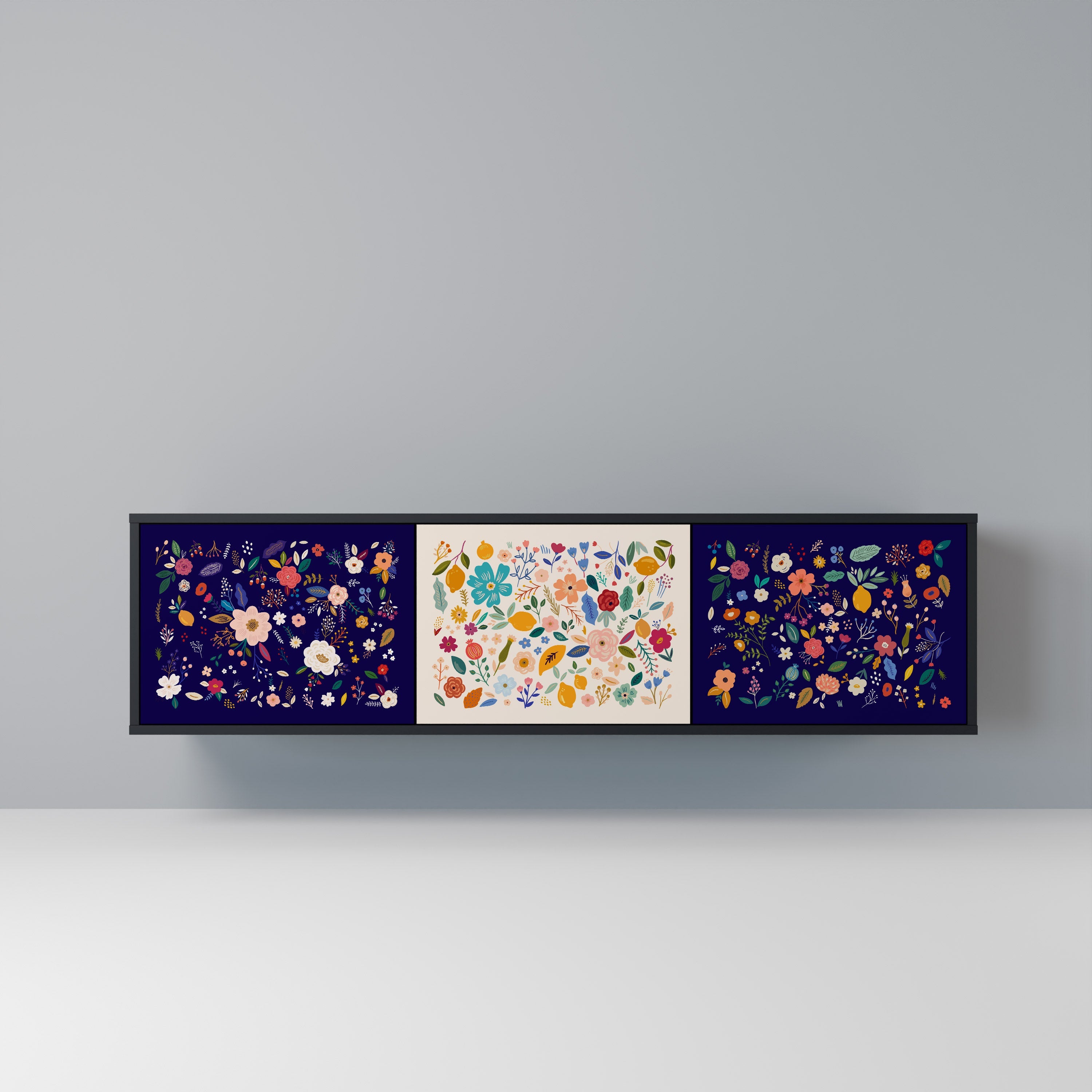 Meuble TV 3 portes FLORAL COMBINATION, finition noire