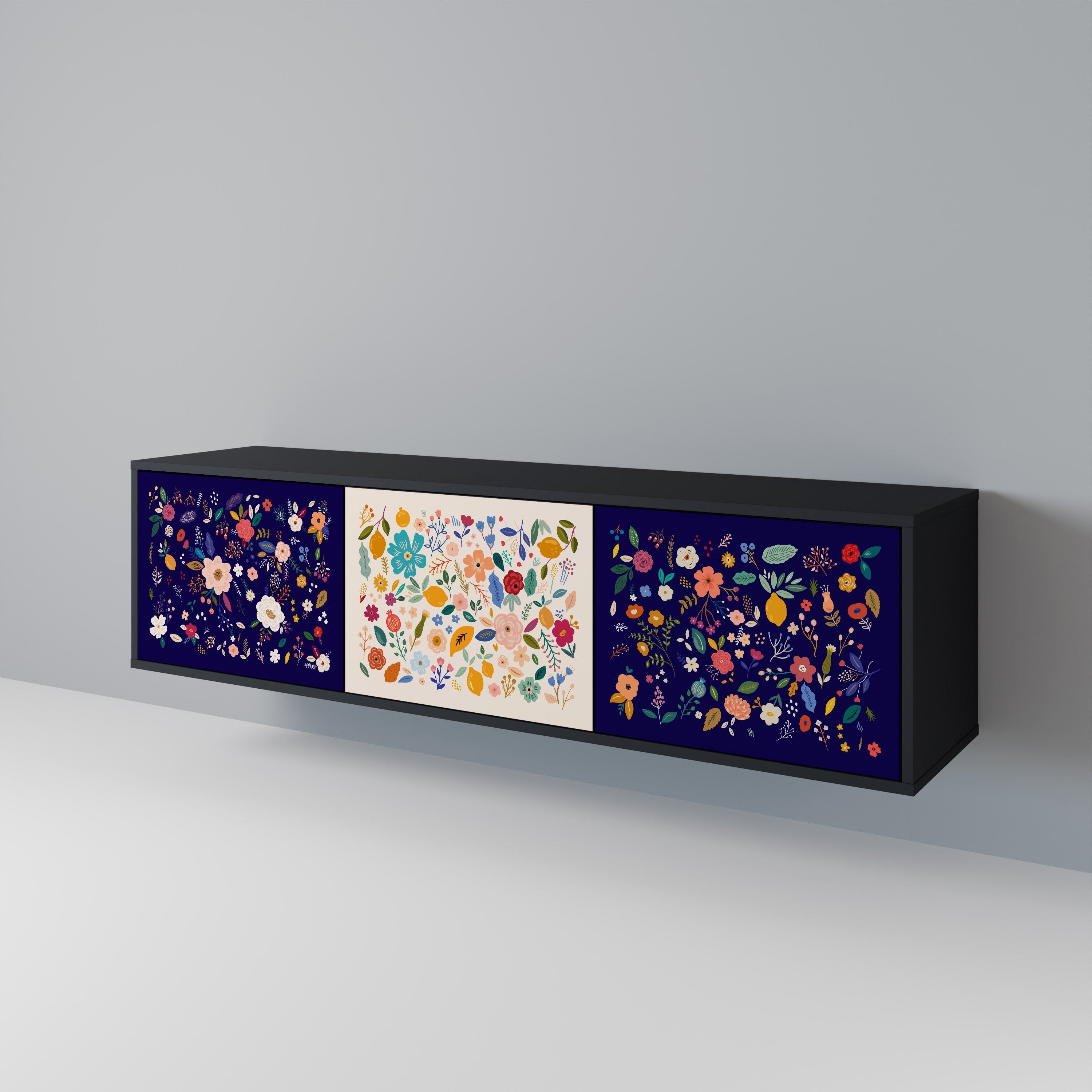 Meuble TV 3 portes FLORAL COMBINATION, finition noire