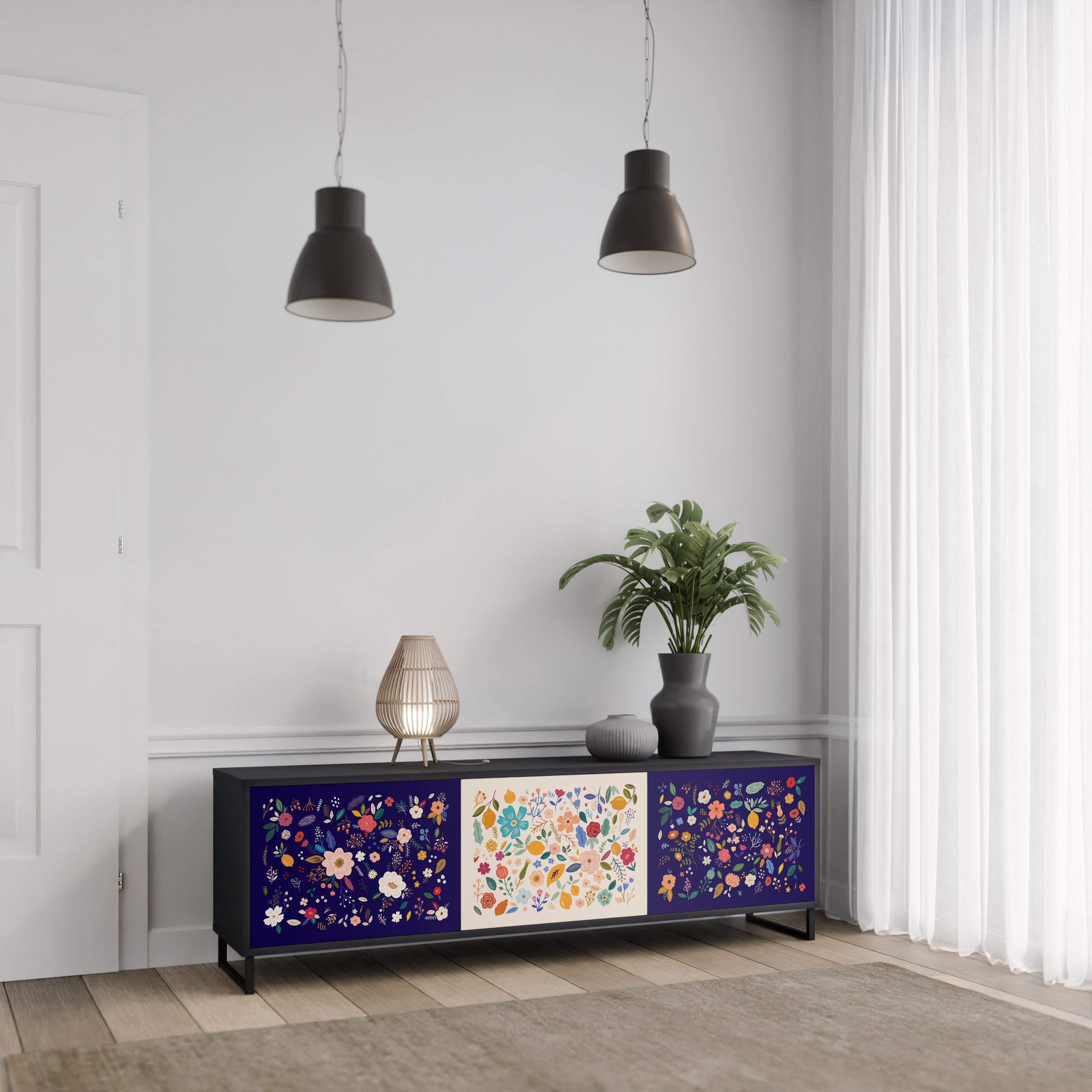 Meuble TV 3 portes FLORAL COMBINATION, finition noire