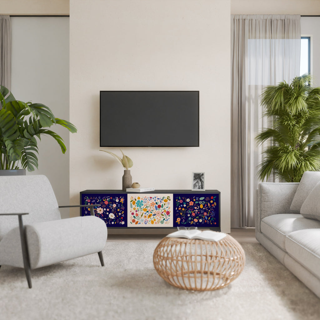 Meuble TV 3 portes FLORAL COMBINATION, finition noire