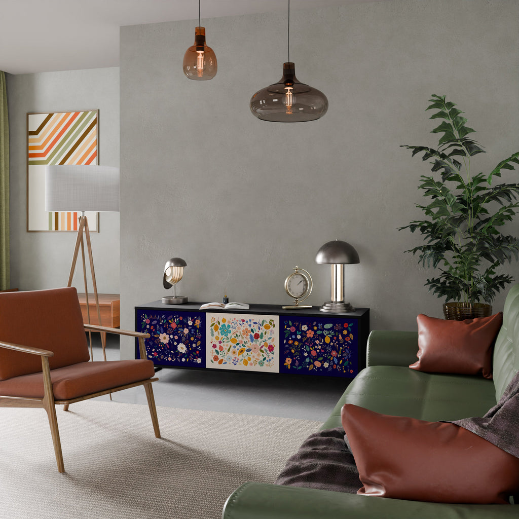 Meuble TV 3 portes FLORAL COMBINATION, finition noire